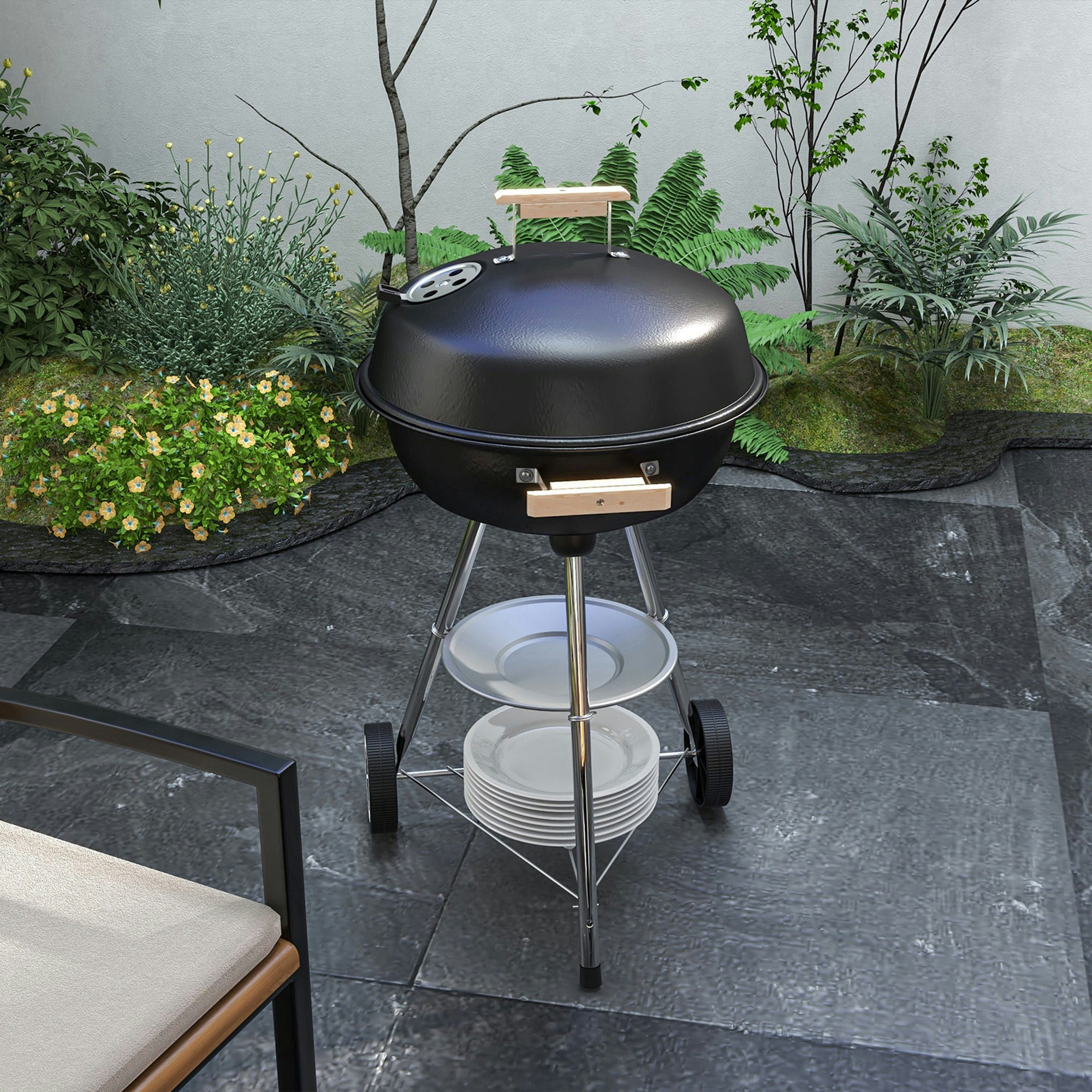 Rackhams Portable Round Kettle Charcoal Grill Bbq Outdoor Heat Control Party - Bottom Triangle Shelf - Charcoal Bbq Grill - 1