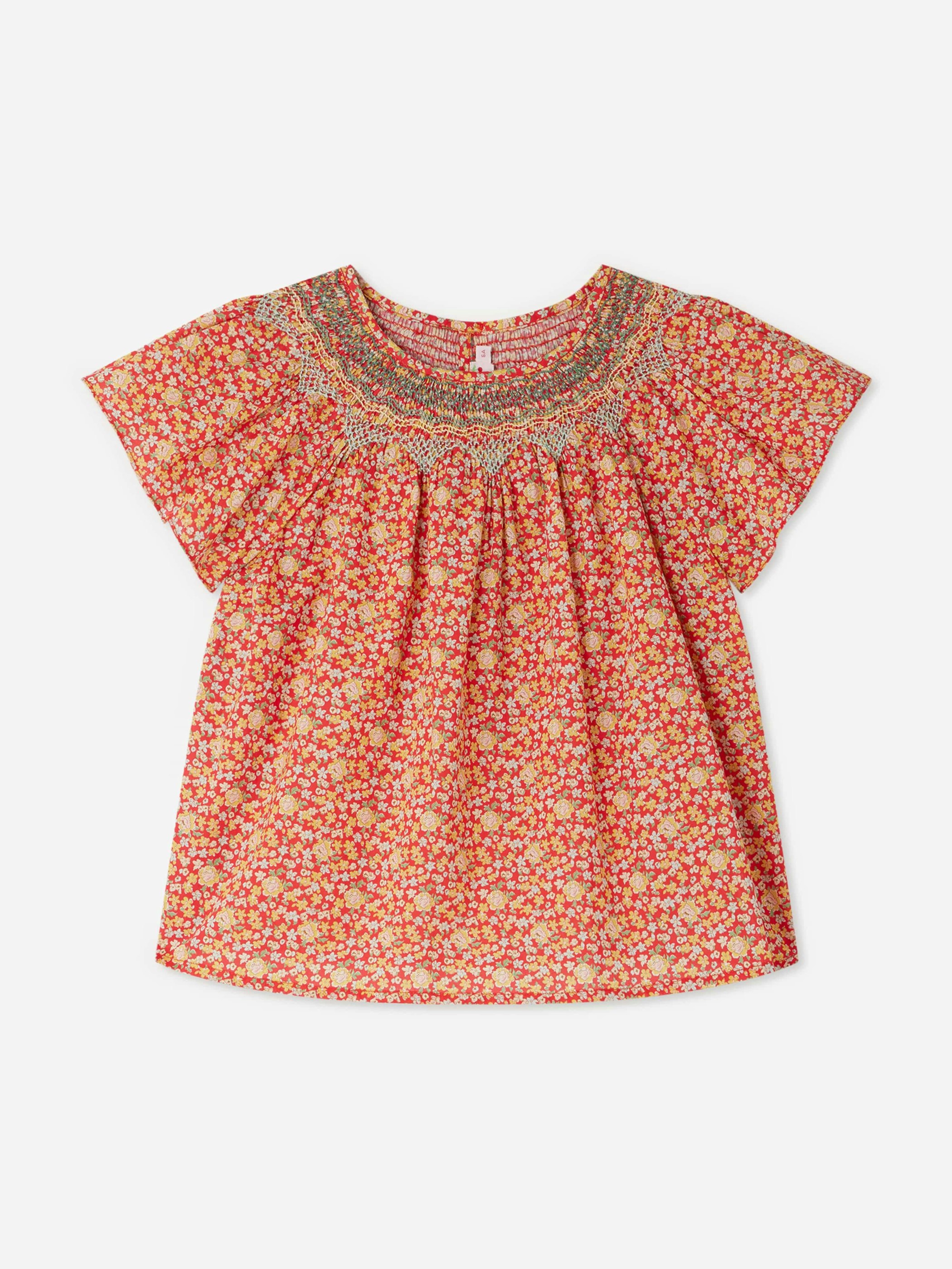 Bonpoint Girls Red Smocked Nella Blouse In - 12 Yrs