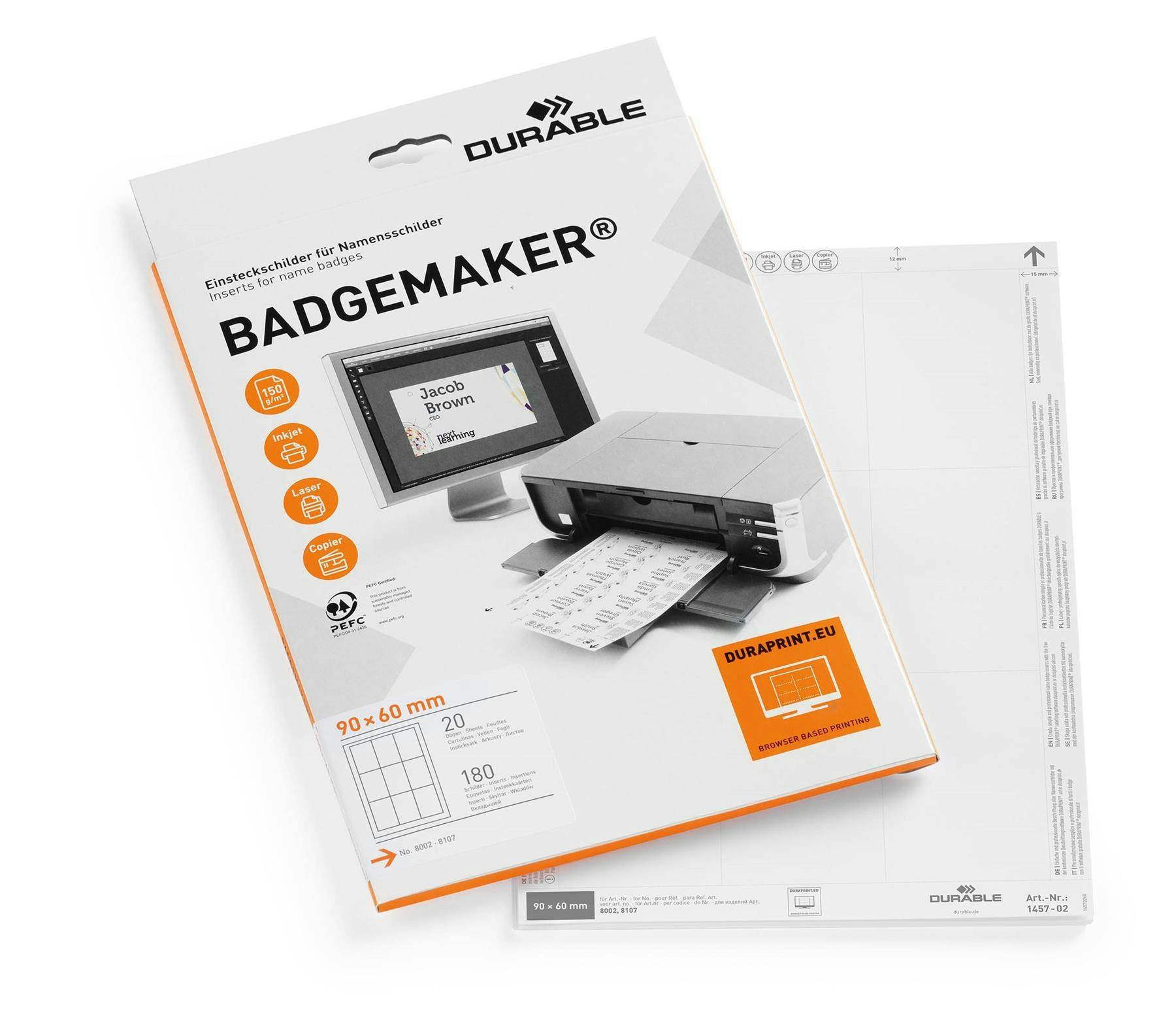 Durable Badgemaker Printable Name Badge Inserts | 180 Cards | 90X60mm
