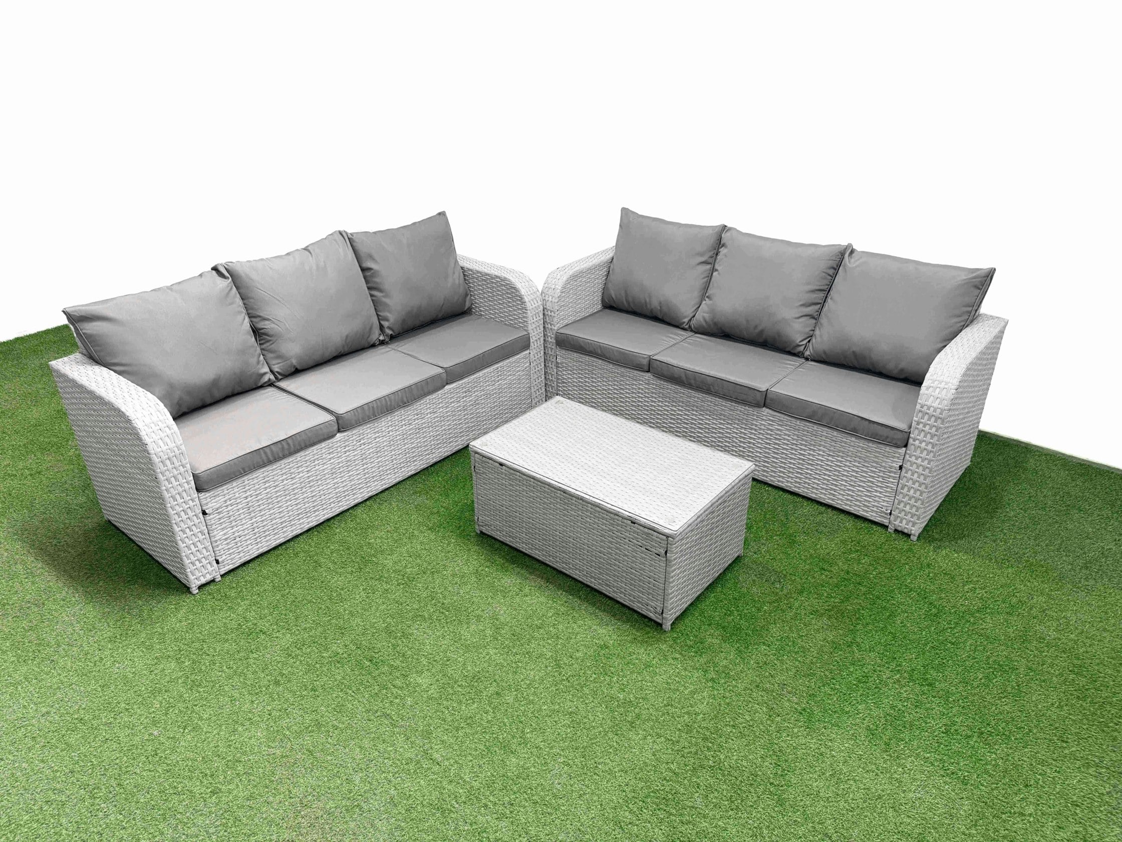 Rackhams Light/Grey Outdoor Garden Furniture Sets 6 Seater Wicker Rattan Furniture Sofa Sets With Rectangular Coffee Table High Back Lounge Sofa