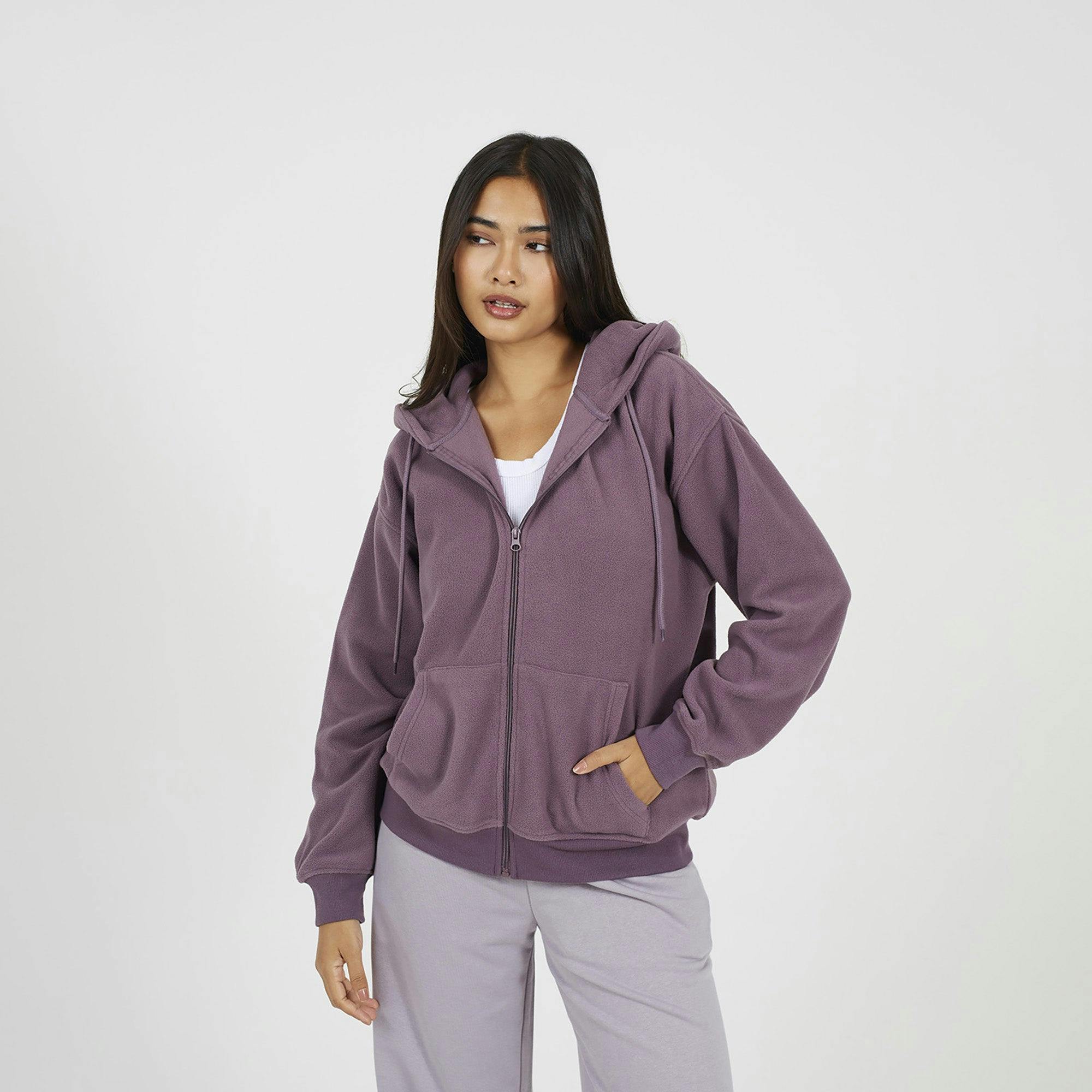 Brave Soul Mauve Zip Through Polar Fleece Hoodie - Xs