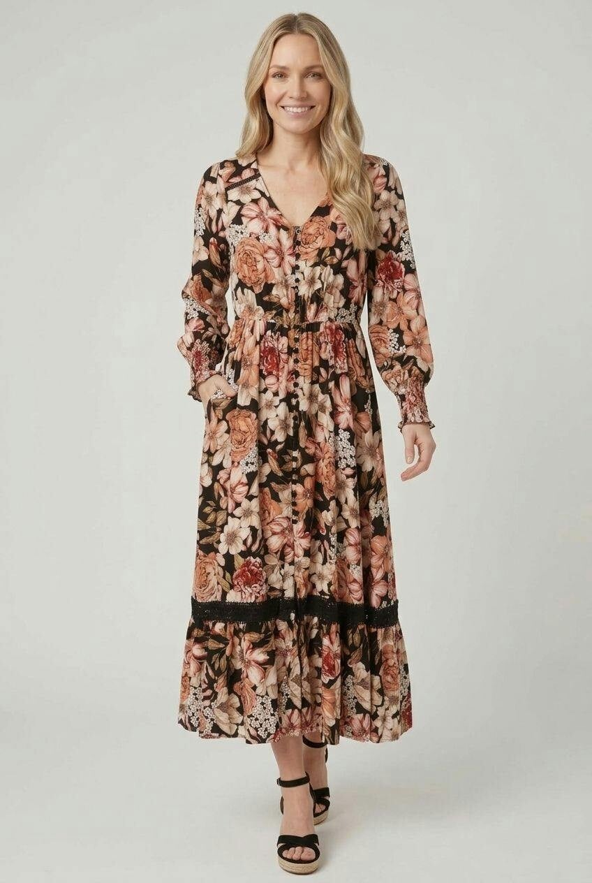 Izabel London Black Floral Long Sleeve V-Neck Midi Dress - 8