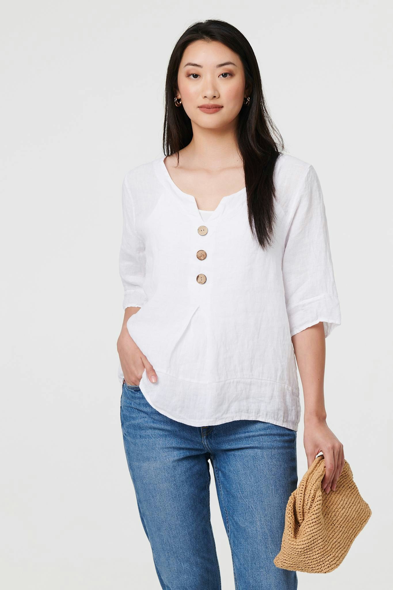 Izabel London White Button Detail 3/4 Sleeve Relaxed Blouse - Size 10