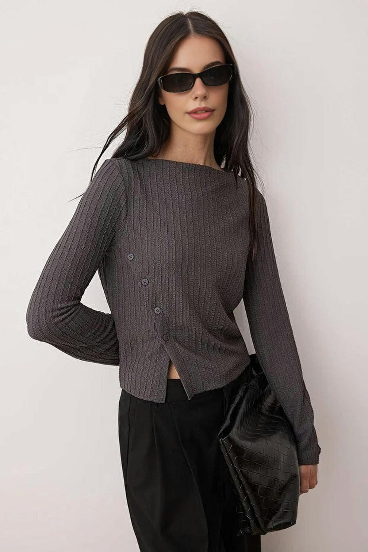 Wovcor Dark/Grey Asymmetrical Flexible Knit Blouse With Button Detail - Xs