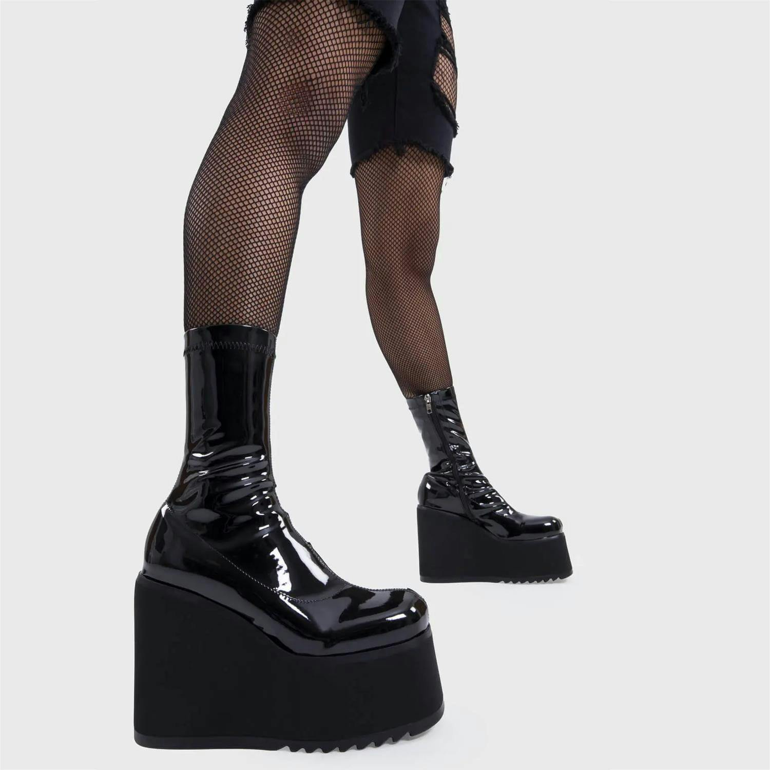 Lamoda Black Lights Out Patent Chunky Platform Ankle Boots Uk7 - Uk7