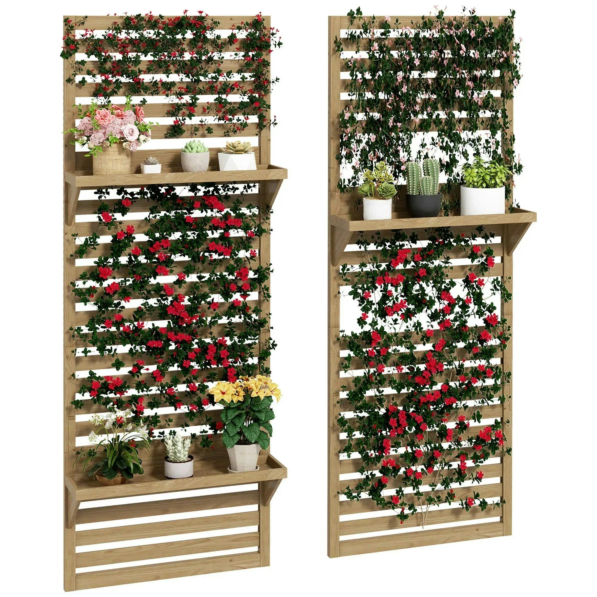 Rackhams Wall Mounted Plant Stands Set Of 2, Fir Wood Flower Stand With Shelves And Slatted Trellis For Patio, Balcony, Porch - Natural Wood Finish