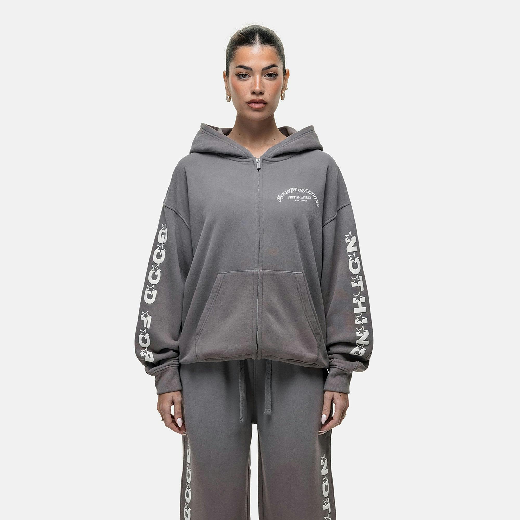 Good For Nothing Grey Zip Through Hoodie With Puff Print - Xs