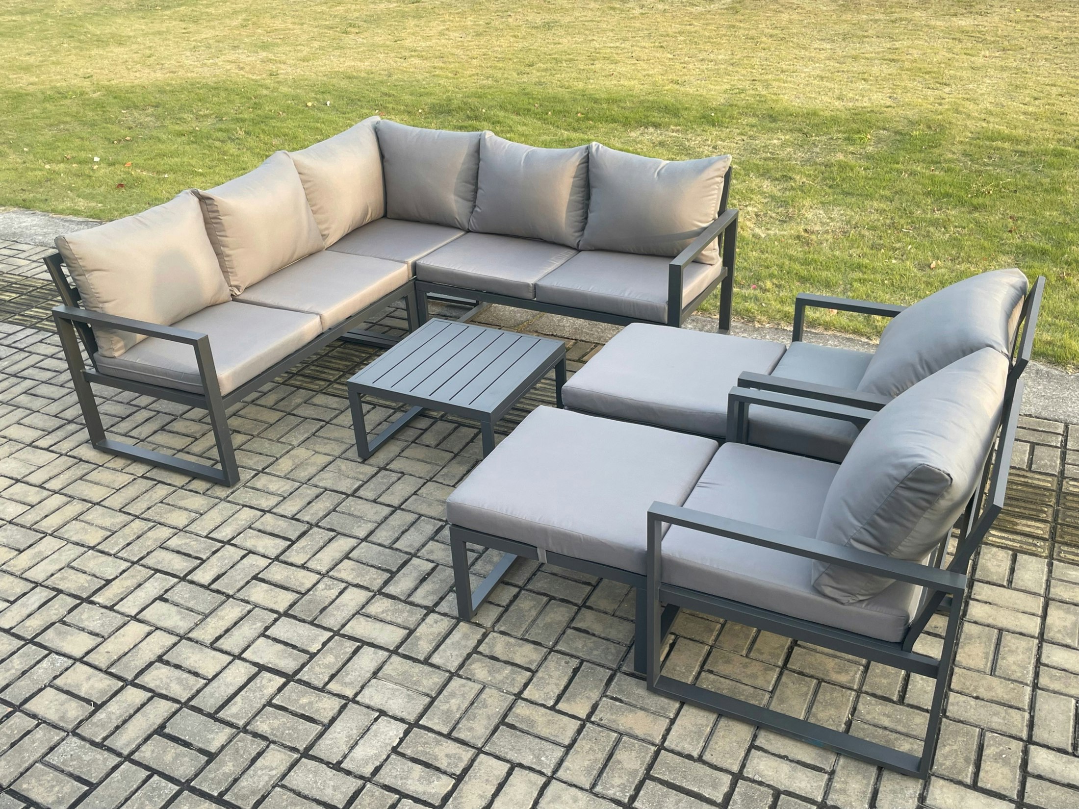 Rackhams Dark/Grey 9 Seater Outdoor Aluminium Garden Furniture Set Corner Lounge Sofa Set With Square Coffee Table 2 Big Footstools