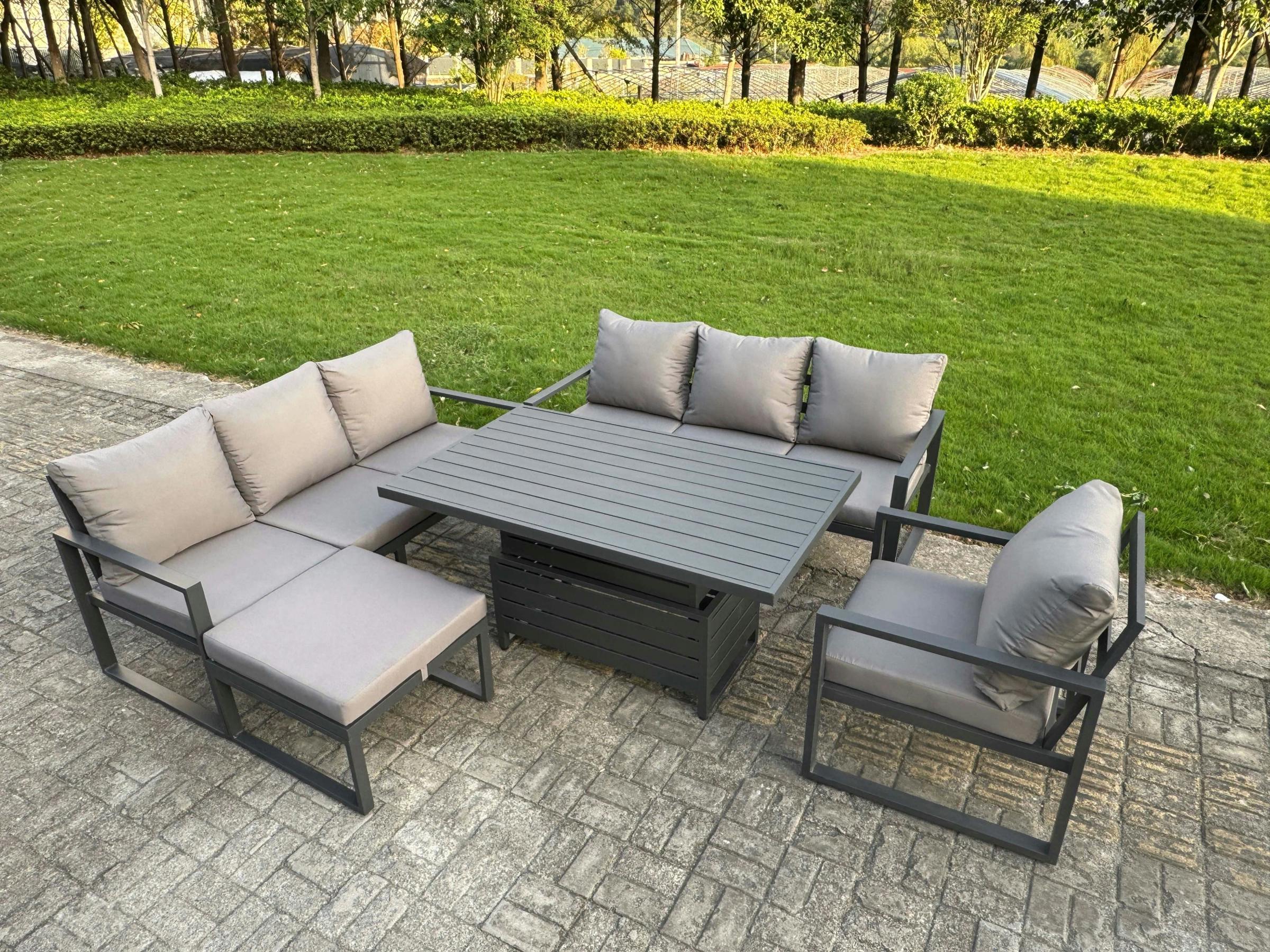Rackhams Dark/Grey Aluminium Garden Furniture Sets,8 Seater Outdoor Sofa Dining Set With Adjustable Rising Lifting Dining Table Big Footstool