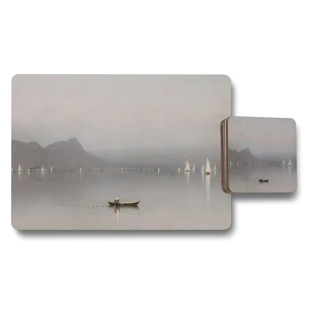 Rackhams Beige/Blue Serene Lake Landscape Placemat And Coaster Set With Sailboats