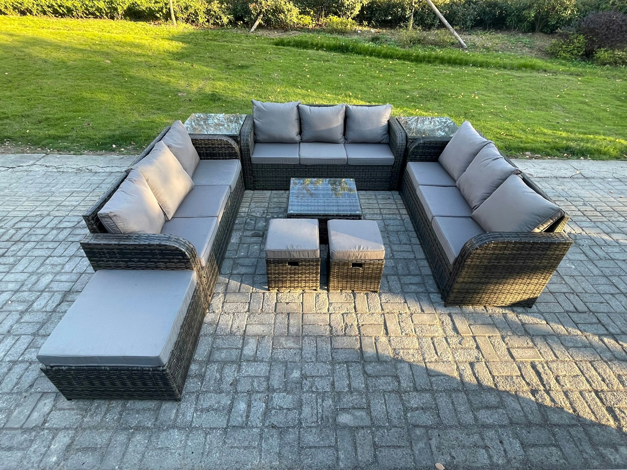 Rackhams Dark/Grey 12 Seater Rattan Outdoor Furniture Set Patio Garden Sofa Set With Square Coffee Table 3 Seater Sofa 3 Footstools 2 Side Tables Mixed