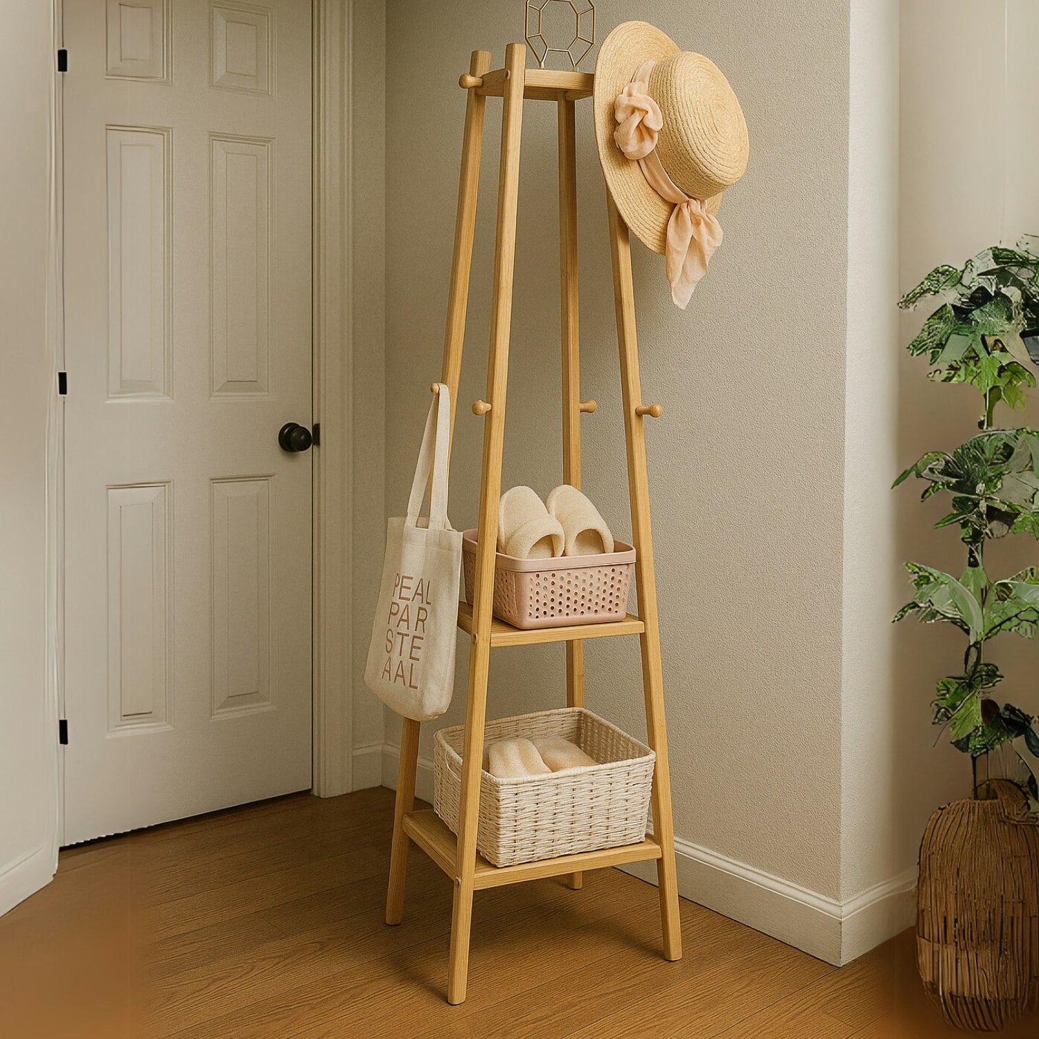 Rackhams Brown Wooden Coat Rack Stand With 3 Shelves - Natural - Bamboo