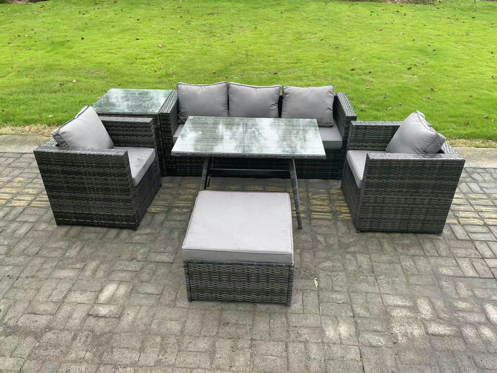 Rackhams Dark/Grey 6 Seater Wicker Rattan Outdoor Furniture Garden Dining Set With Sofa Oblong Dining Table 2 Armchairs Stool Mixed