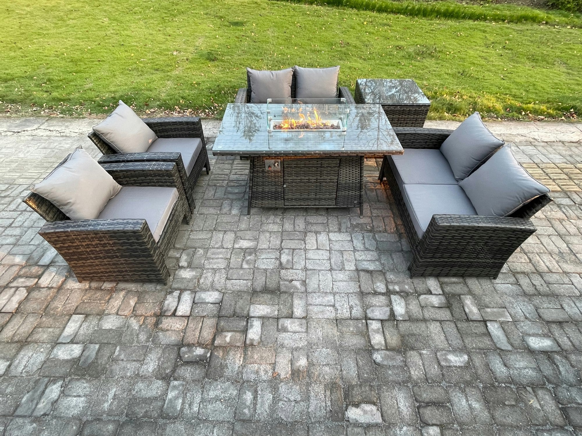 Fimous Dark/Grey 6-Seater Wicker Rattan Outdoor Fire Pit Dining Set | Gas Heater, Double Sofa, Side Table |