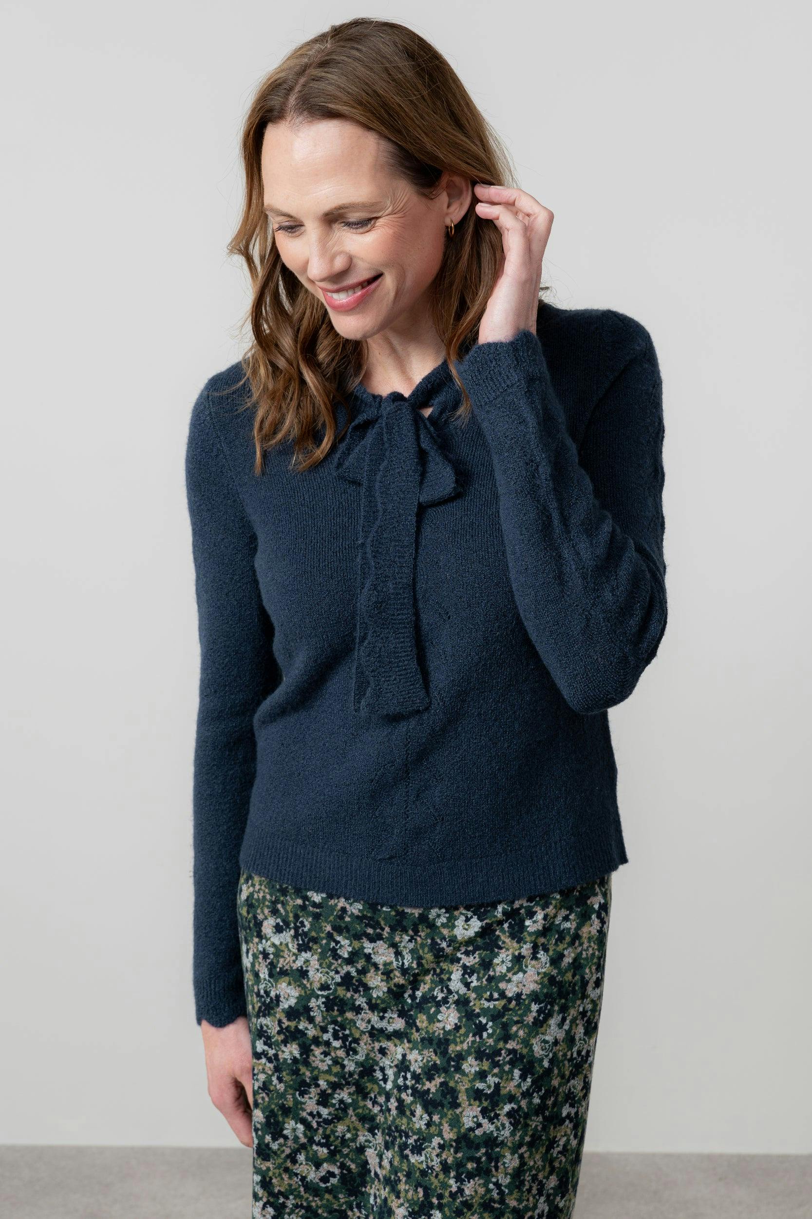 Lily & Me Elise Tie Neck Pointelle Jumper Navy - 18 - Navy