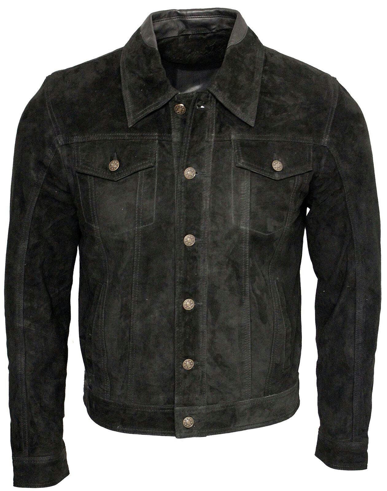 Infinity Leather Men's Black Goat Suede Leather Trucker Jacket-Taraz - Uk 3XL | Eu 56 | Us 46