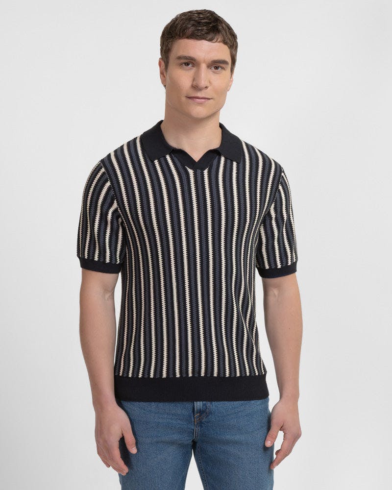 Steel & Jelly Blue Pimlico - Knitted Stripe Trophy Neck Polo Shirt - L