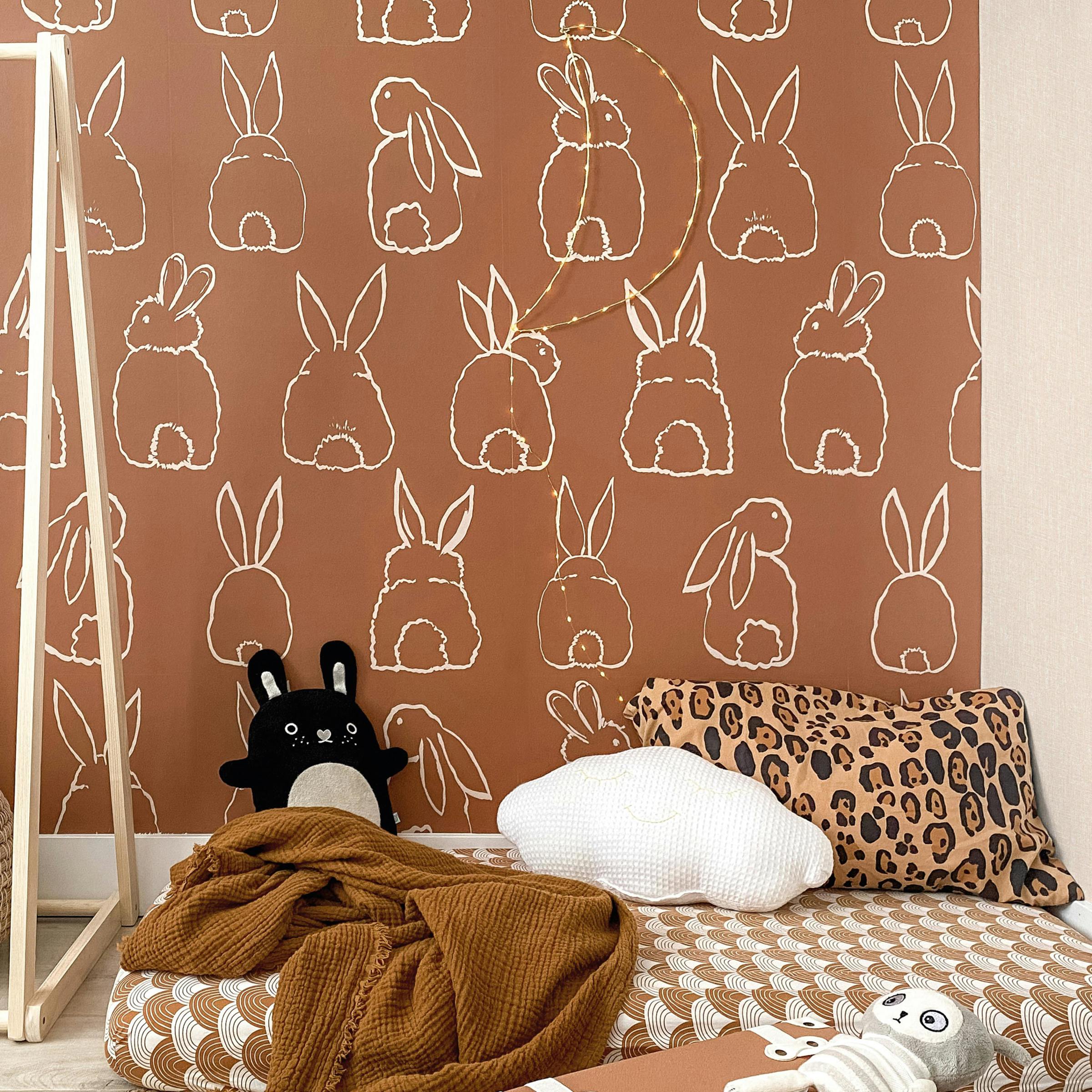 Roomblush Boys Brown Nursery Bunnies 4 Lane Repeatable Wallpaper Mural 200 X 285Cm, Terracotta