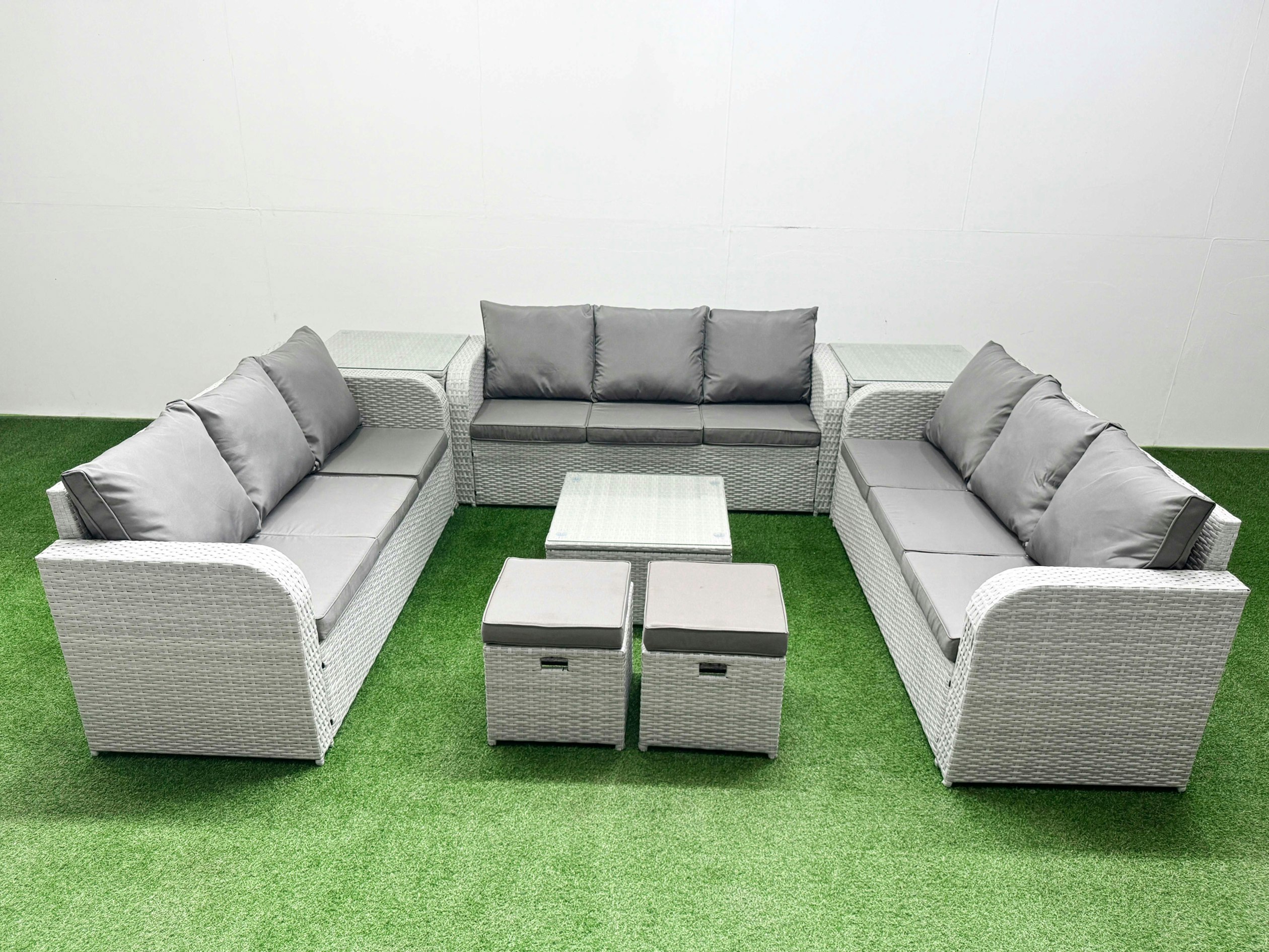 Fimous Light/Grey Pe Rattan Lounge Sofa Set 11 Seater Outdoor Garden Furniture Set With Square Coffee Table 3 Seater Sofa 2 Stools 2 Side Table