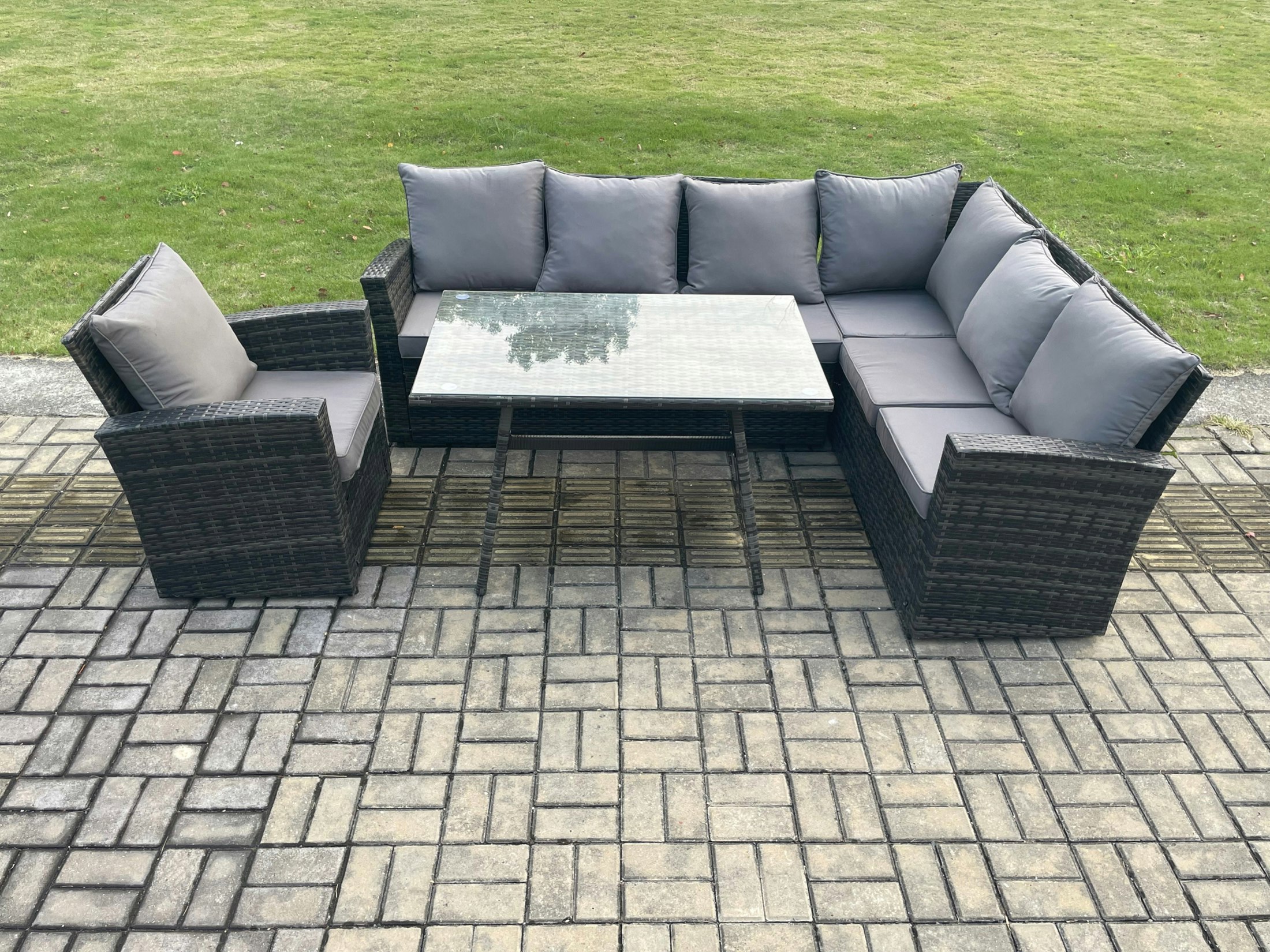 Fimous Dark/Grey Outdoor Furniture Garden Dining Set Rattan Corner Sofa Chair Set Rectangular Dining Table With Temper Glass Mixed