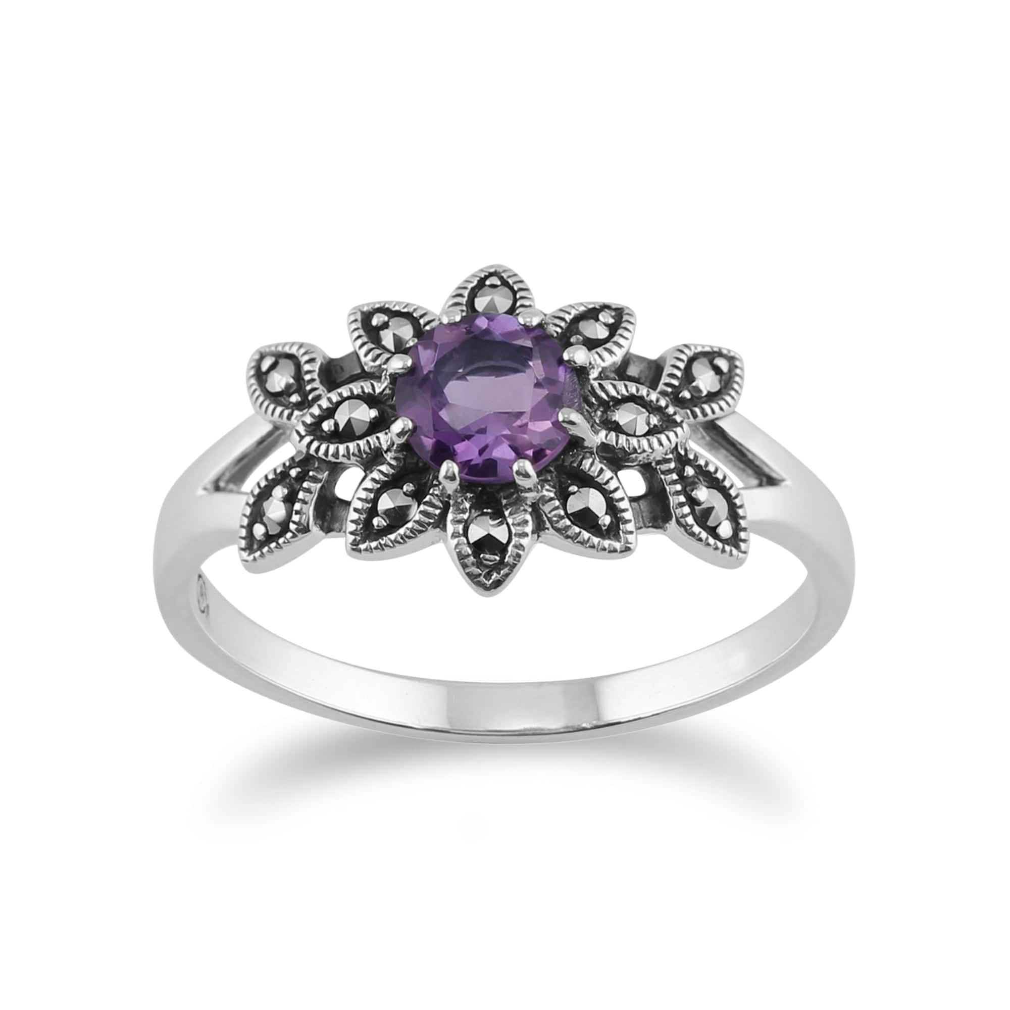 Gemondo Silver Art Nouveau Style Round Amethyst & Marcasite Floral Ring In 925 Sterling - Y