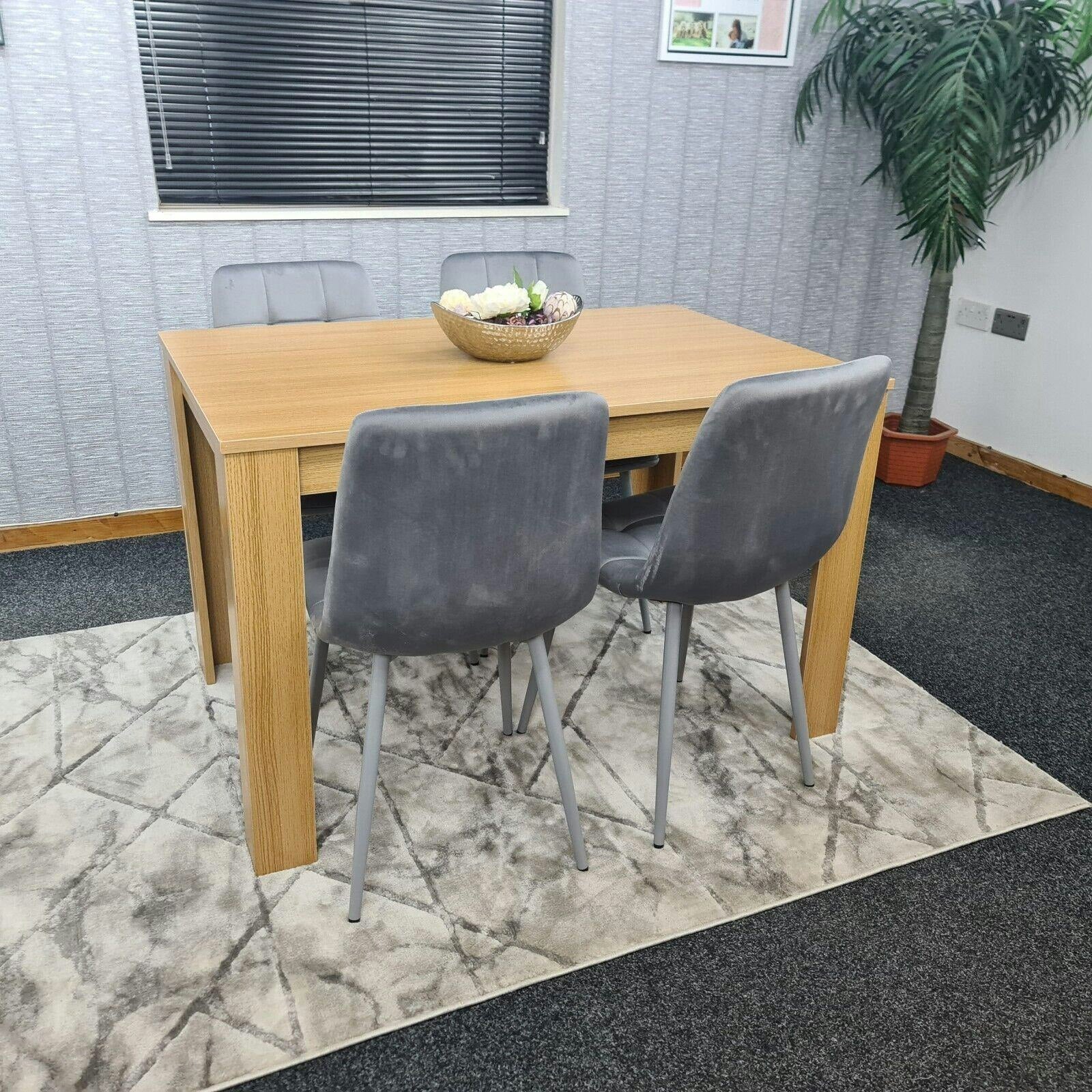 B&Q - Oak Effect Dining Table Set With 4 Grey Velvet Chairs Dining Room Furniture - Image 6