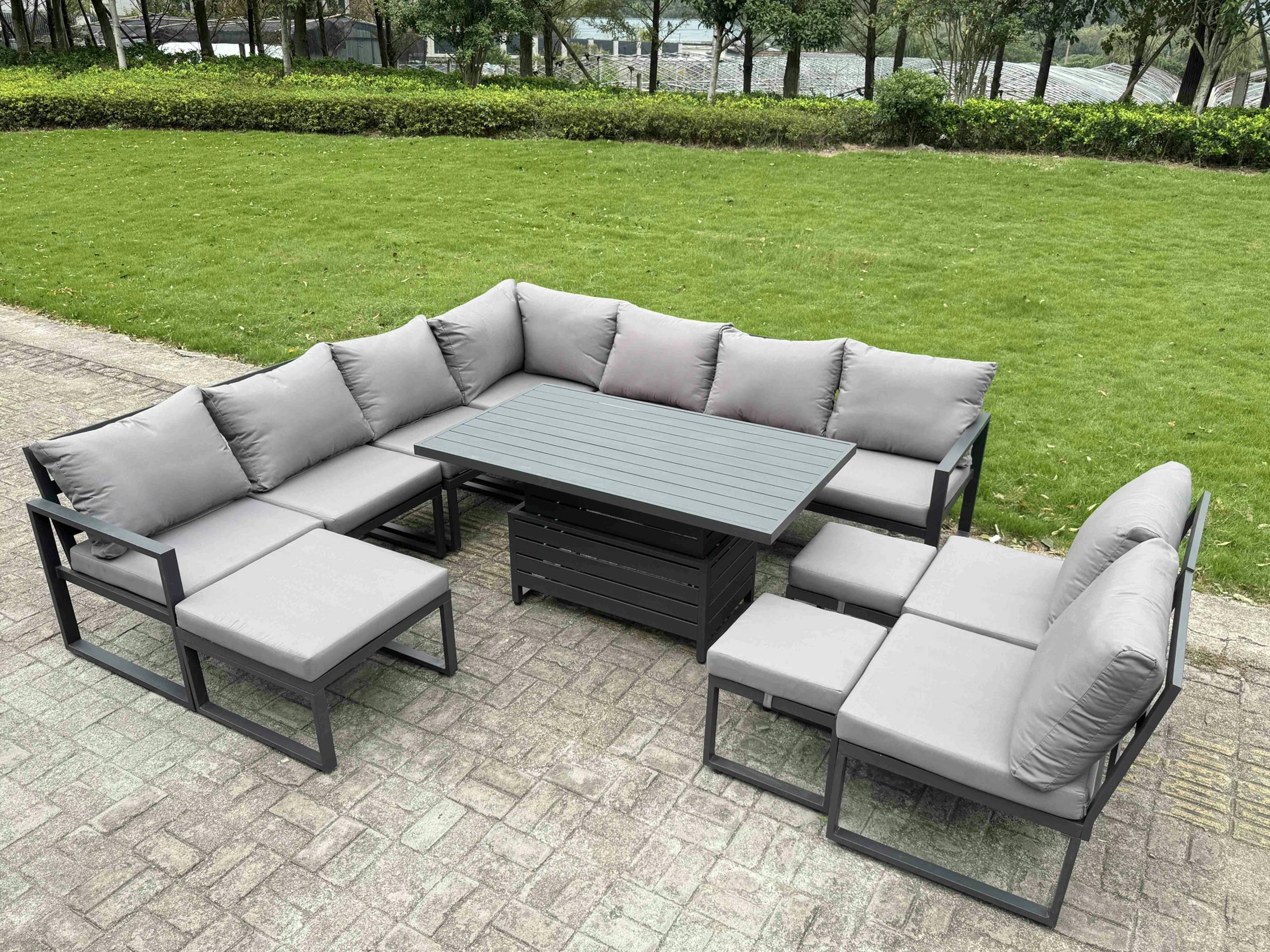 Fimous Grey 10 Seater Aluminium Garden Furniture Set With Adjustable Rising Dining Table, Corner Sofa, 3 Footstools