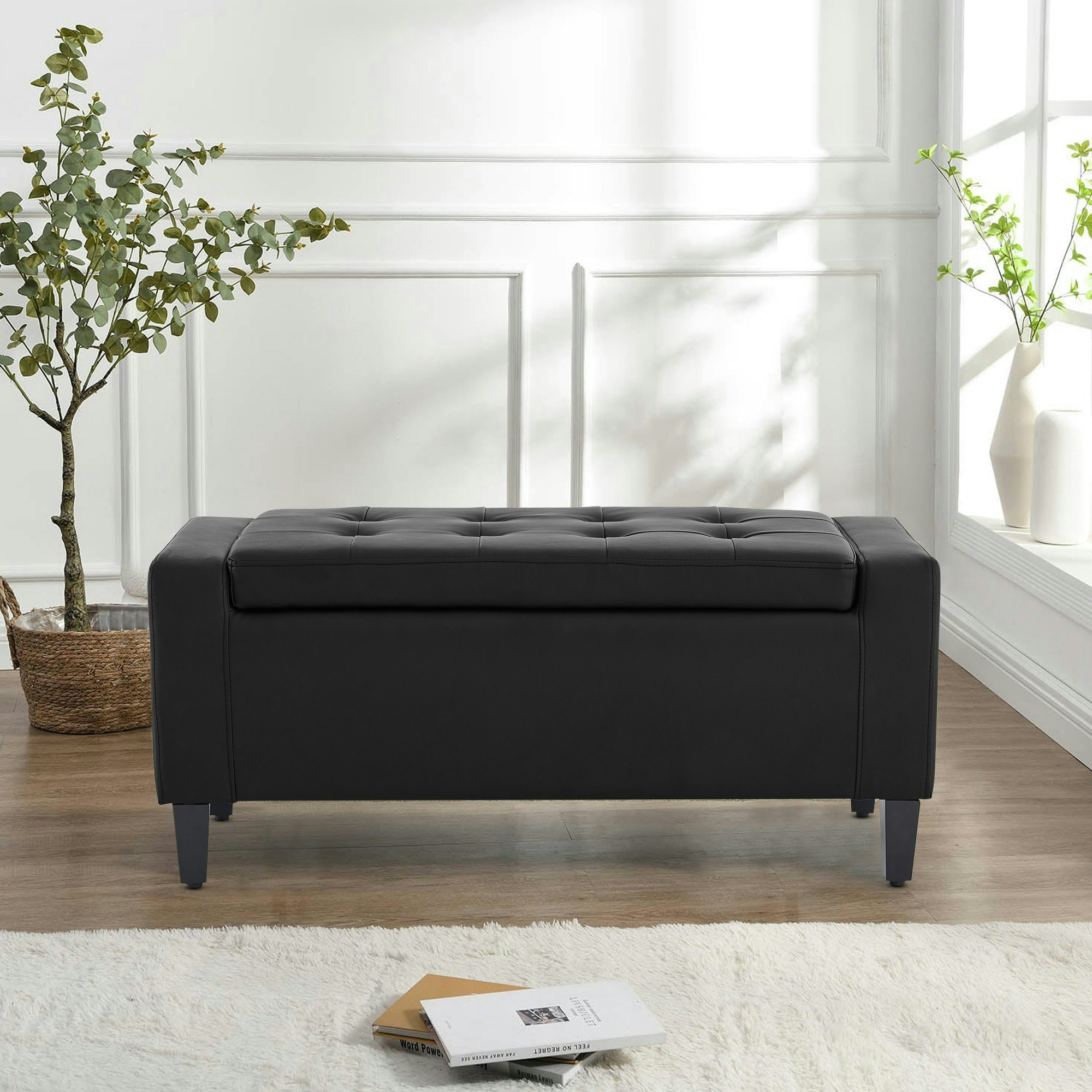 Home Republic Black Faux Leather Storage Ottoman Bench - 92Cm X 40Cm