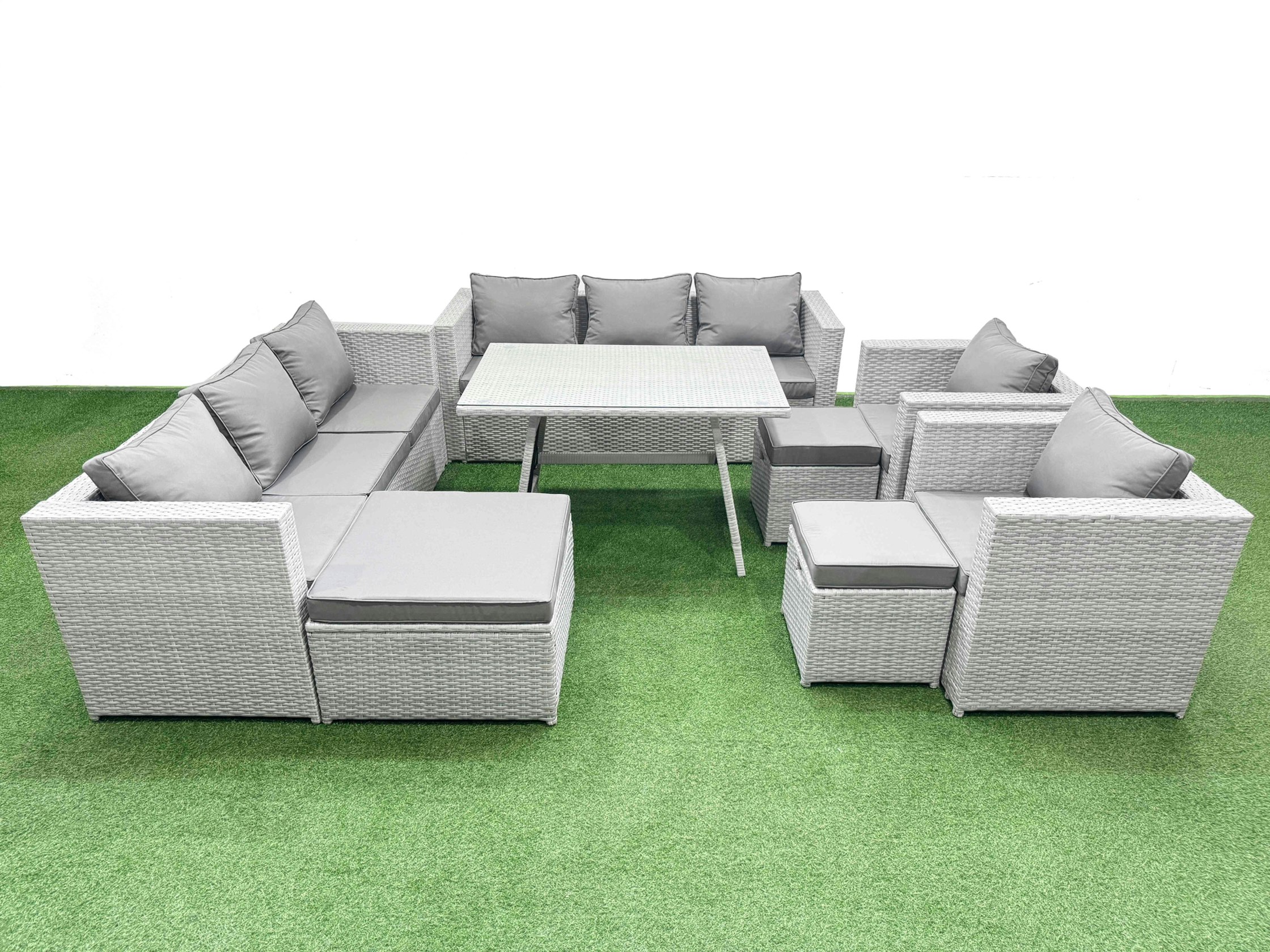 Fimous Light/Grey 11 Seater Garden Furniture Set Pe Rattan Garden Sofa Set With Rectangular Dining Table 3 Stool