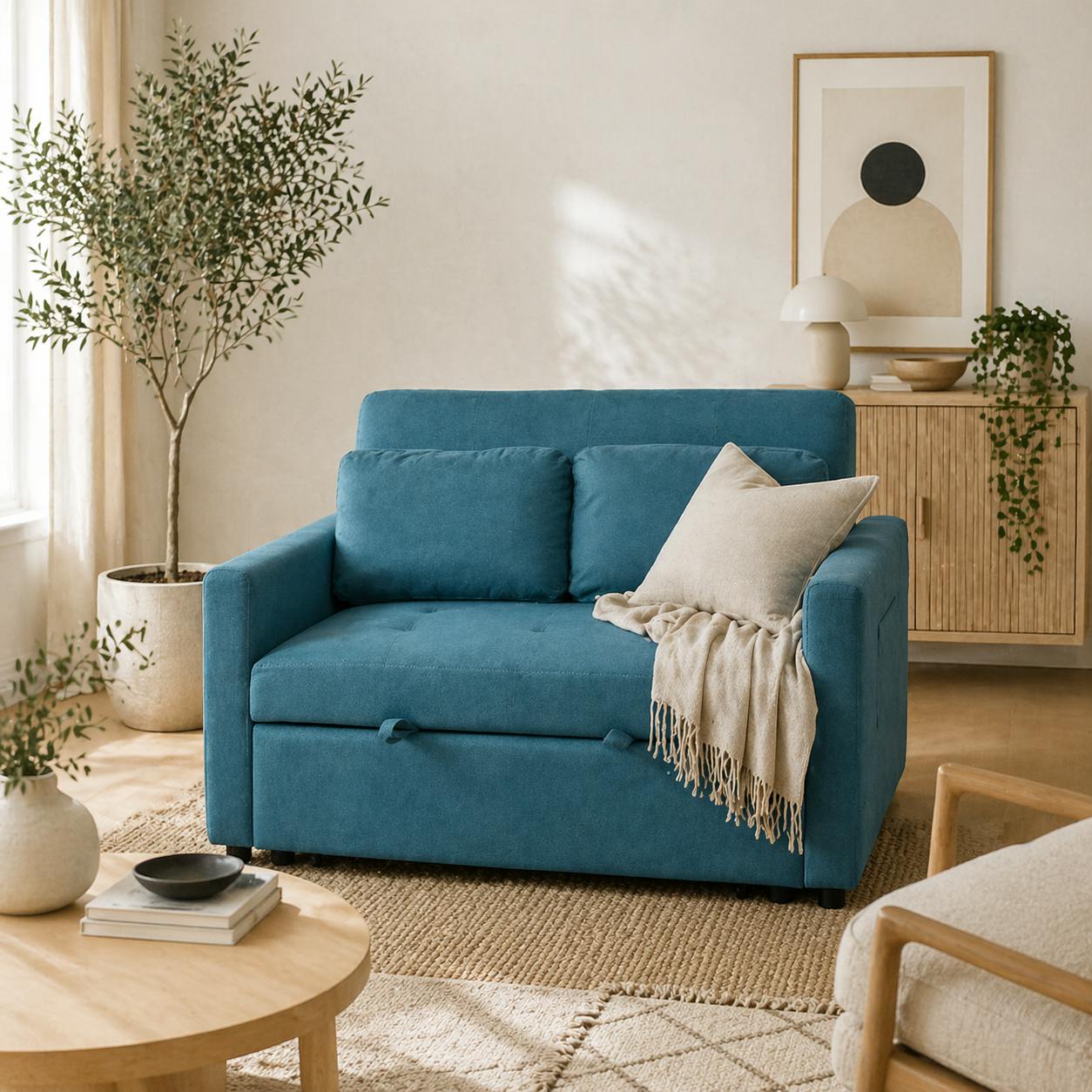 Wyld Haus Blue Codoha Kapa Fabric 2 Seater Sofa Bed With Side Pockets And Cushions