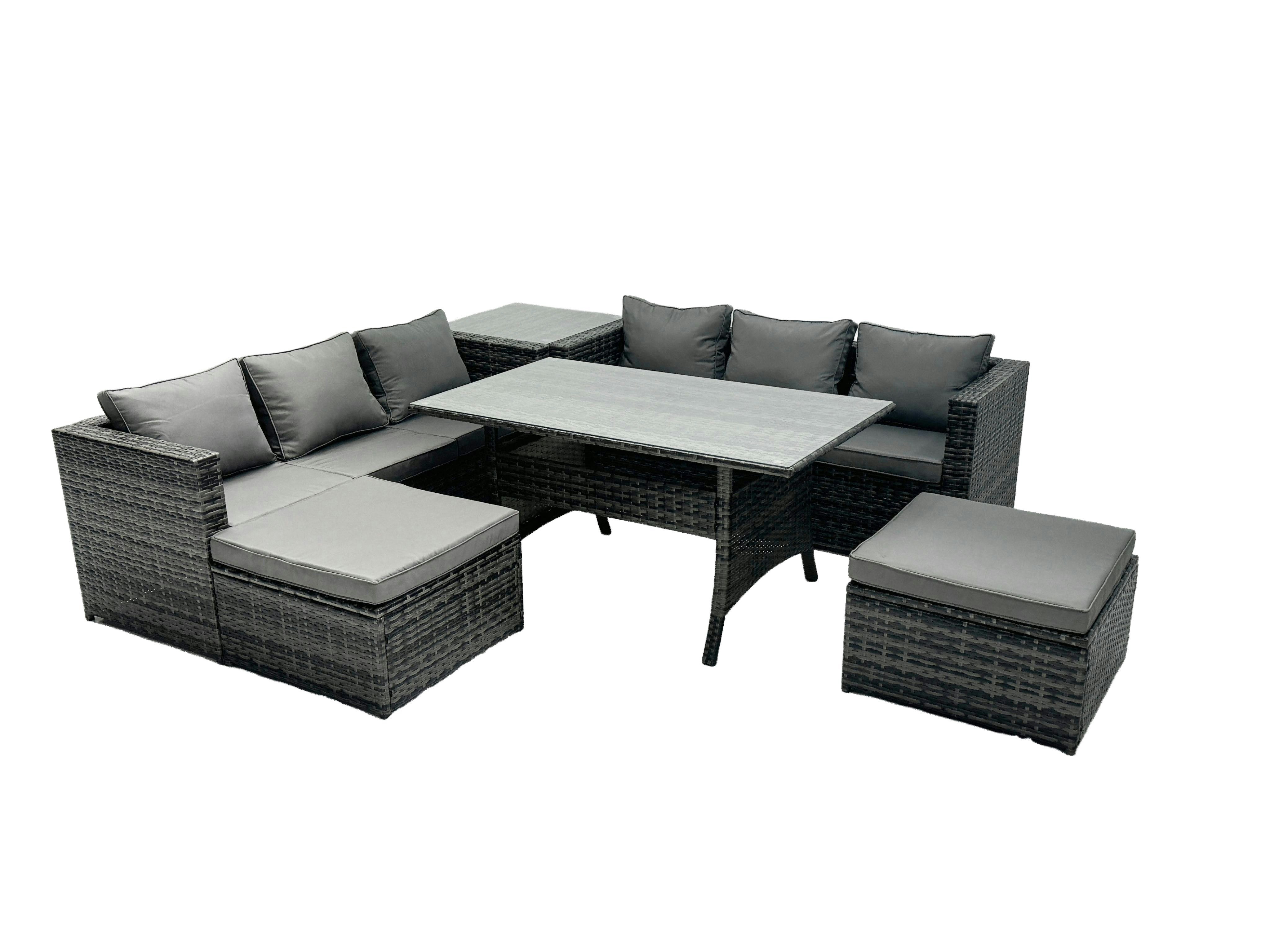 Rackhams Dark/Grey Outdoor Dining Table Sofa Set With Side Table Big Footstool Garden Furniture Set Mixed