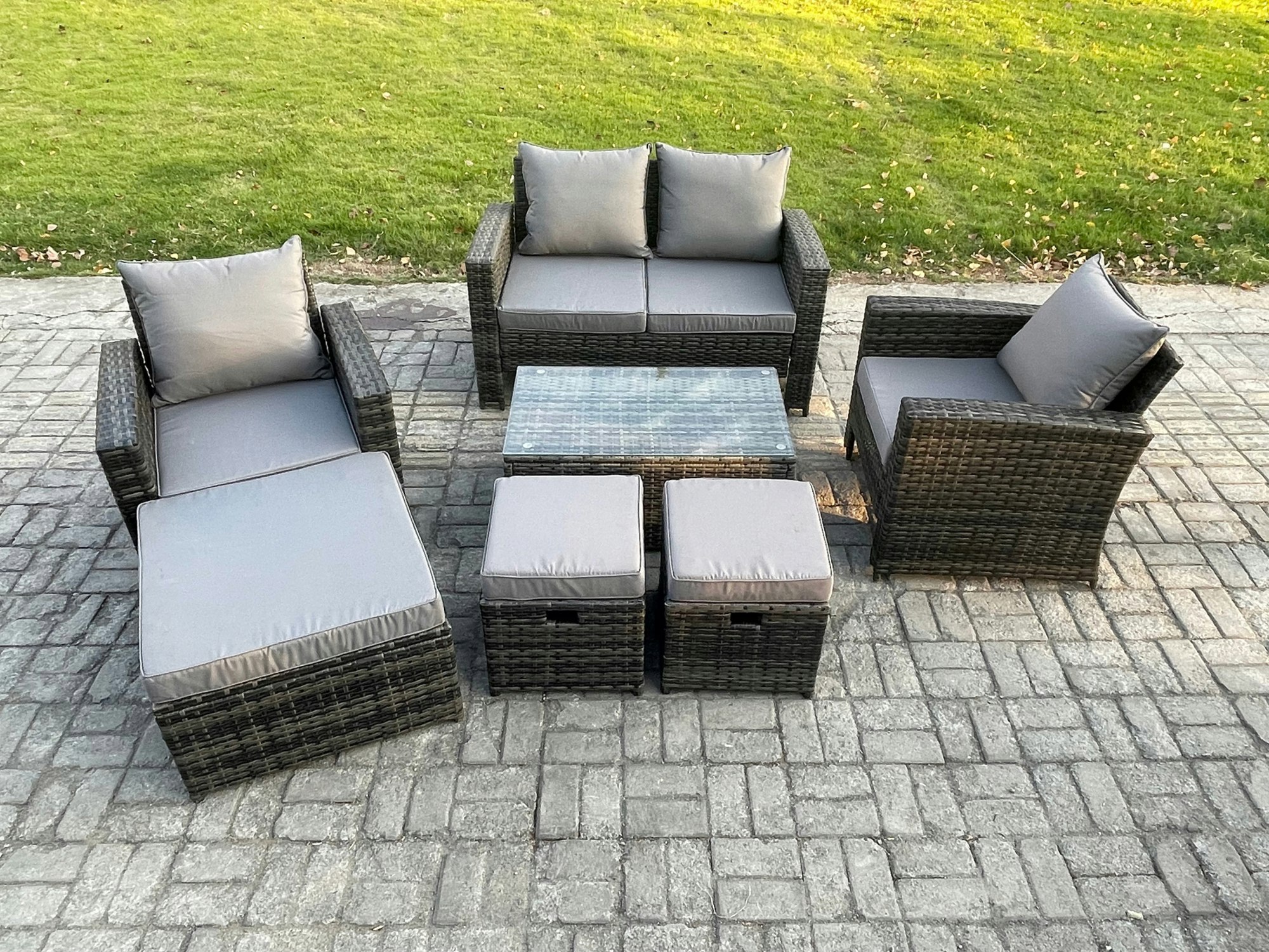Rackhams Dark/Grey 7-Seater Outdoor Lounge Sofa Set - Mixed Pe Wicker Rattan Garden Furniture With Rectangular Coffee Table & 3 Footstools