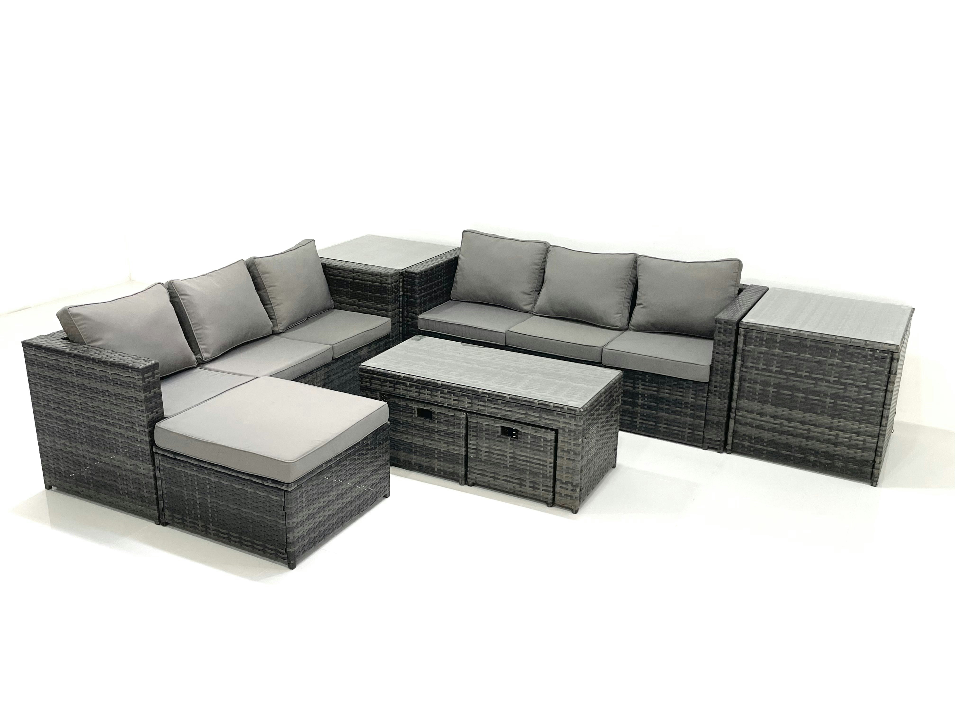 Rackhams Dark/Grey Garden Outdoor Rattan Furniture Set With Sofa Coffee Table 3 Footstools 2 Side Tables Mixed