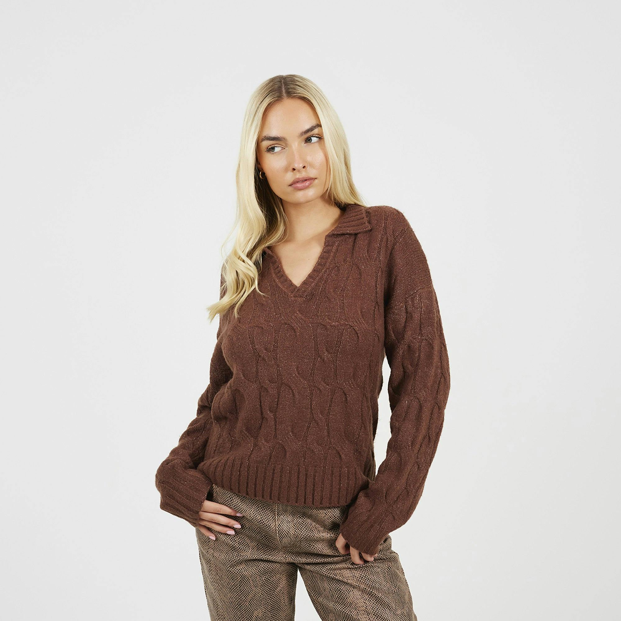 Brave Soul Brown Collared Cable Knit Jumper - Xs