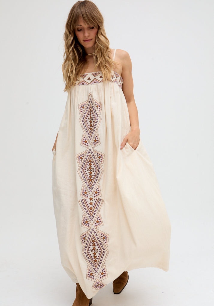 Raffya Cream Sapphire Spaghetti Strap Embroidered Maxi Dress In - 8