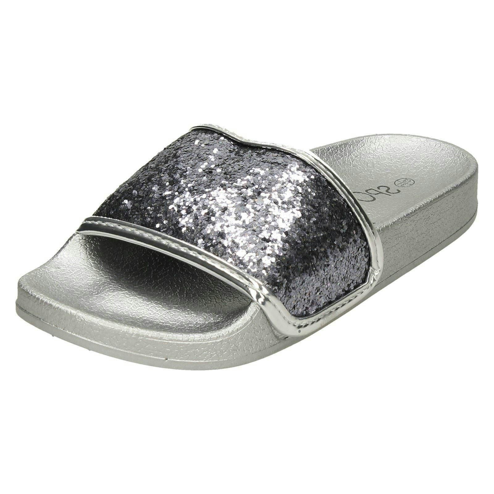 Spot On Girls Silver Glitter Vamp Sliders - Uk 11 Child