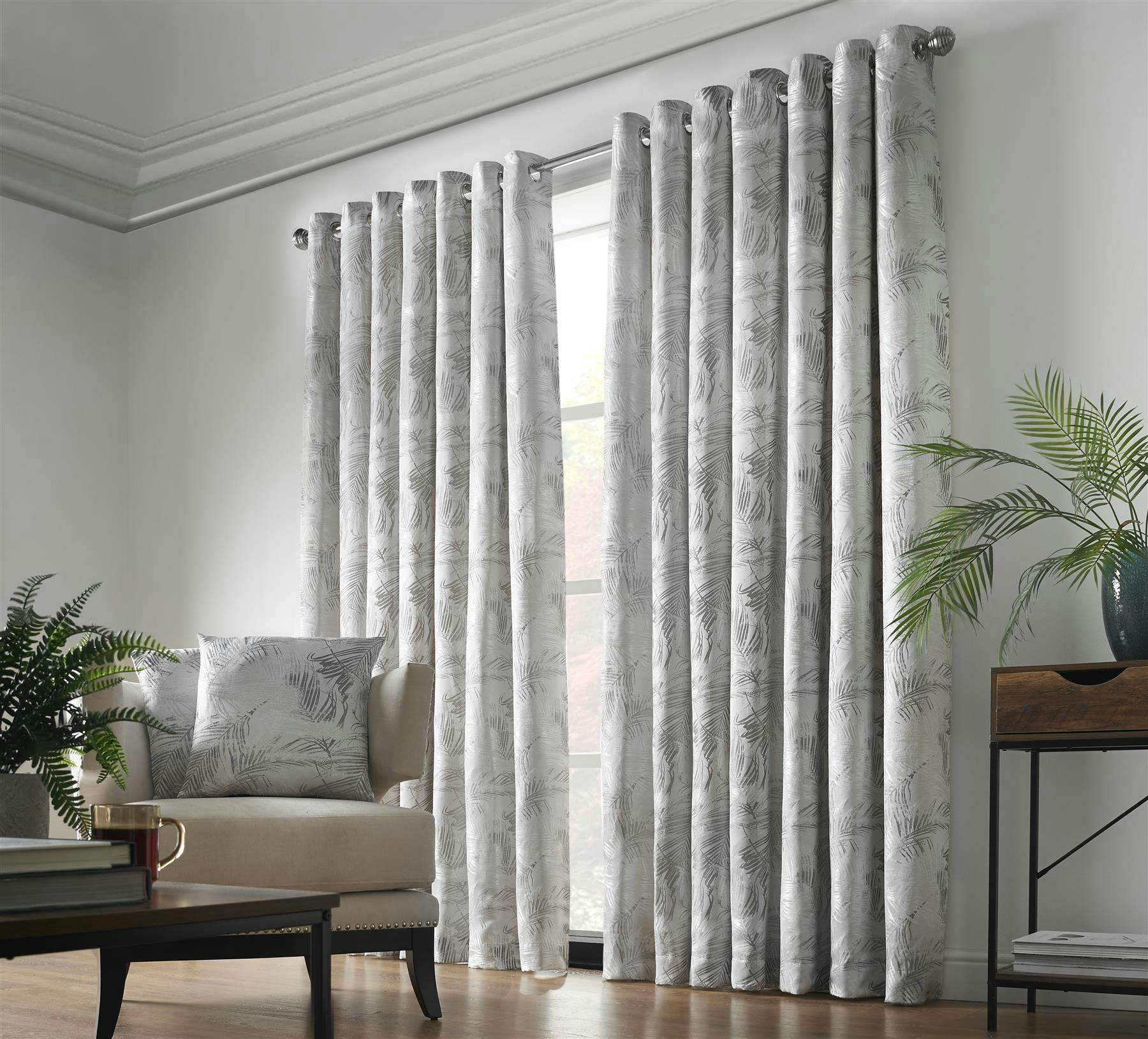 Luxury Living Silver Luxury Fern Jacquard Ring Top Ready Made Curtains - 168Cm Width X 183Cm Drop
