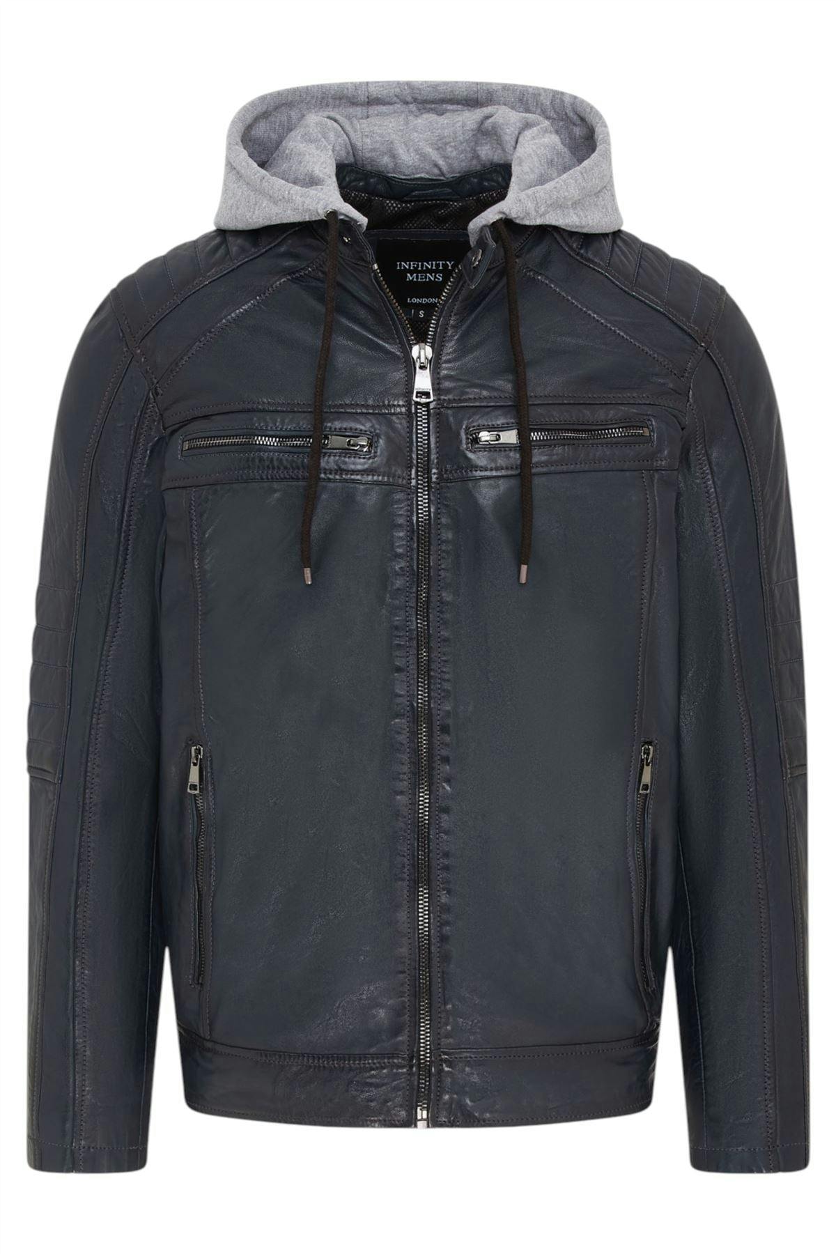 Infinity Leather Men's Hooded Biker Lamb Leather Jacket - Burten - Navy - Uk Xl | Eu 52 | Us 42