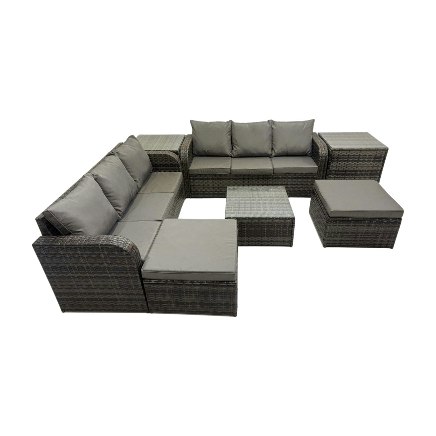 Fimous Dark/Grey Rattan Garden Outdoor Furniture Set 3 Seater Sofa Square Coffee Table Set With 2 Big Stools 2 Side Table Mixed