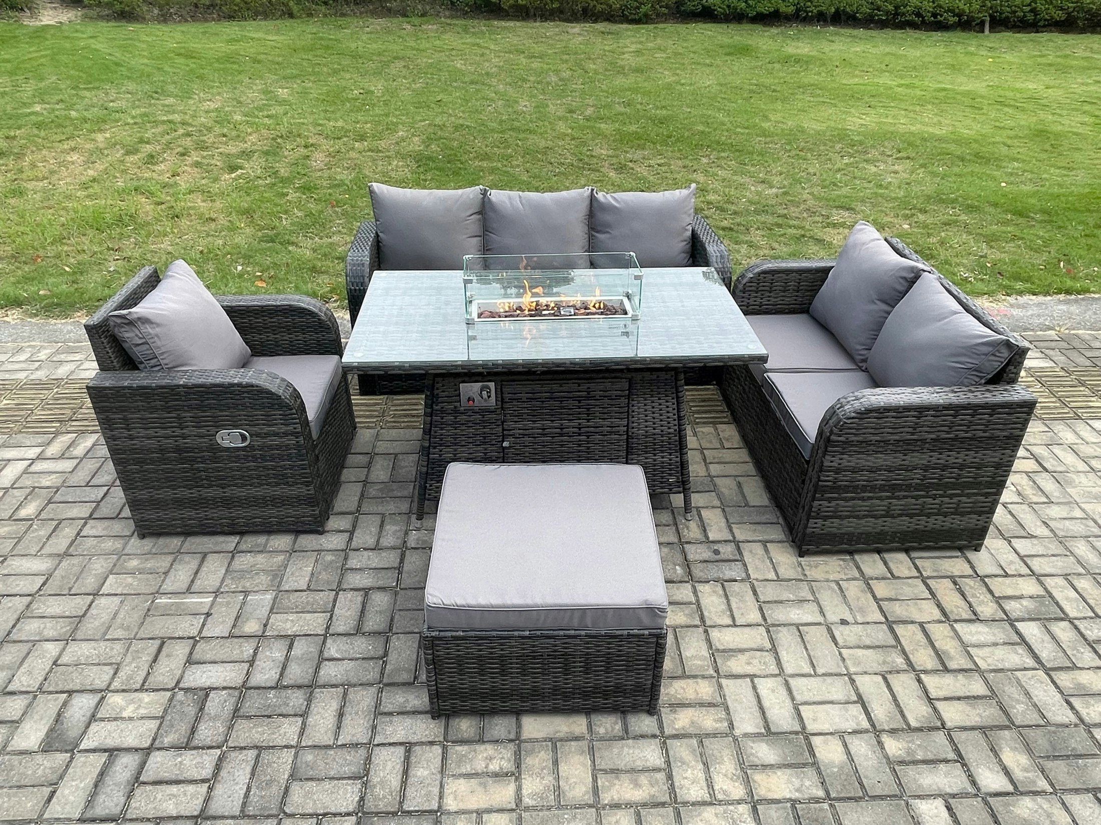 Rackhams Dark/Grey Rattan Garden Furniture Set With Fire Pit Table 7 Seater Outdoor Lounge Sofa Set Mixed