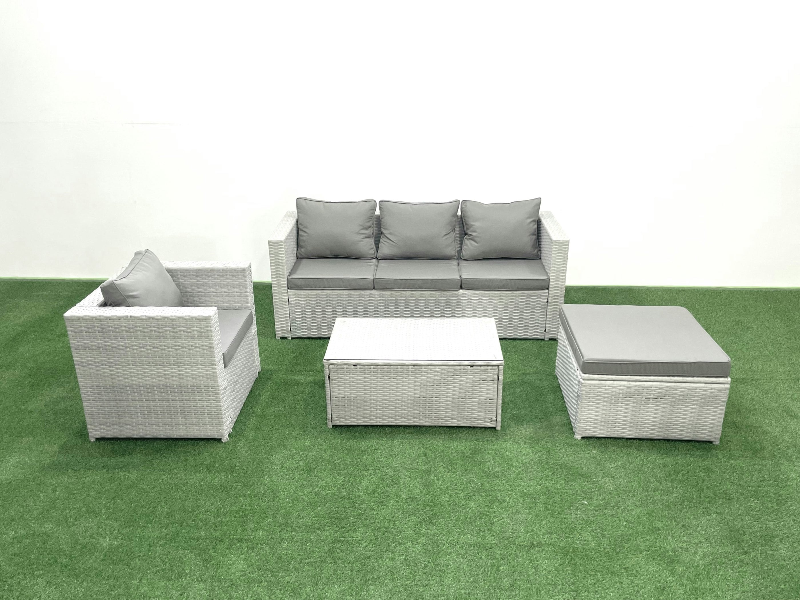 Fimous Light/Grey Rattan Garden Furniture Set With 3 Seater Sofa Chair Rectangular Coffee Table Big Footstool Mixed 5 Seater
