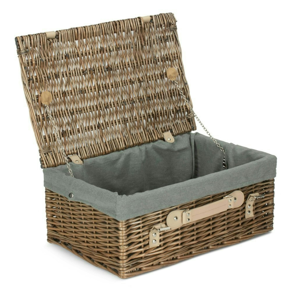 Rackhams Grey 46Cm Antique Wash Wicker Picnic Basket With Cotton Lining