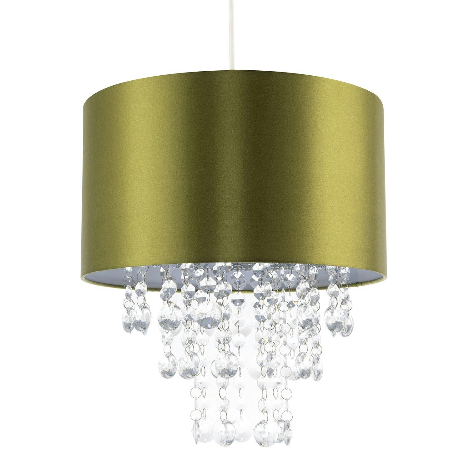 Rackhams Green Modern Olive Satin Fabric Pendant Shade With Clear Acrylic Drops