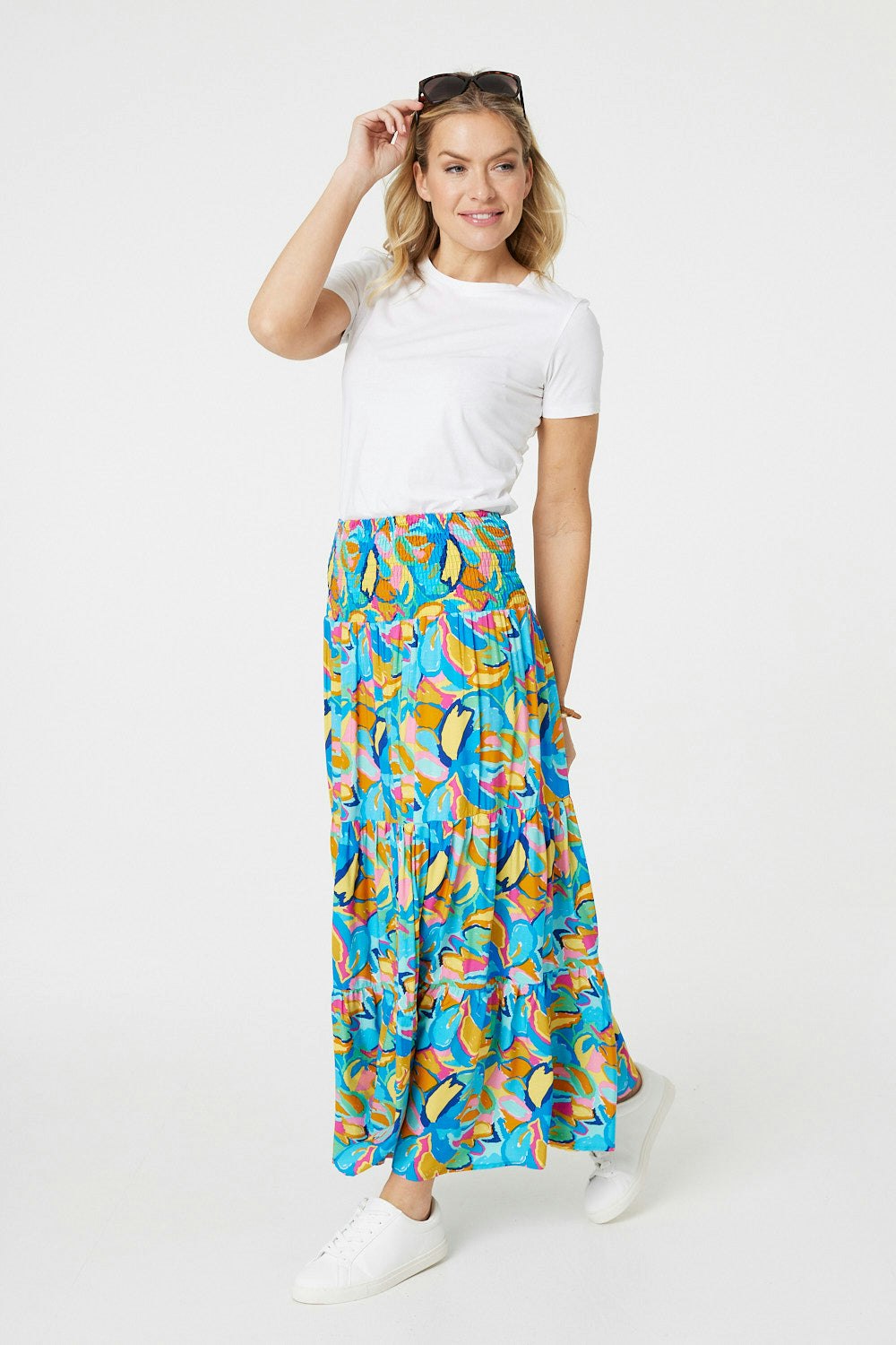 Izabel London Blue Abstract Shirred High Waist Maxi Skirt - 10