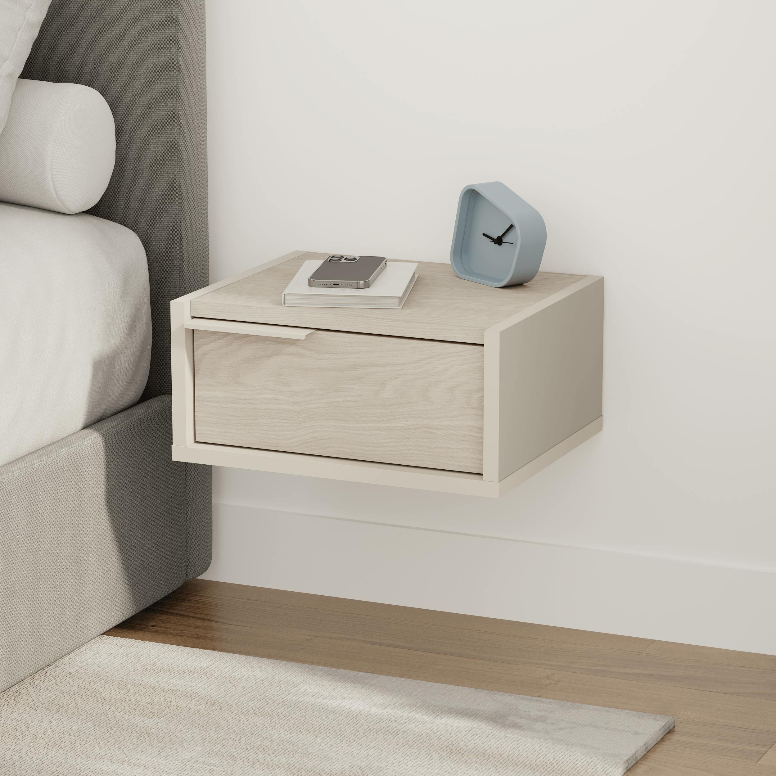 Decortie Green/Black Eco Floating Bedside Table W/Drawer Modern Nightstand Wall-Mounted Space Saver Metal Handle Bedroom - Sandstone-Sonomo Oak