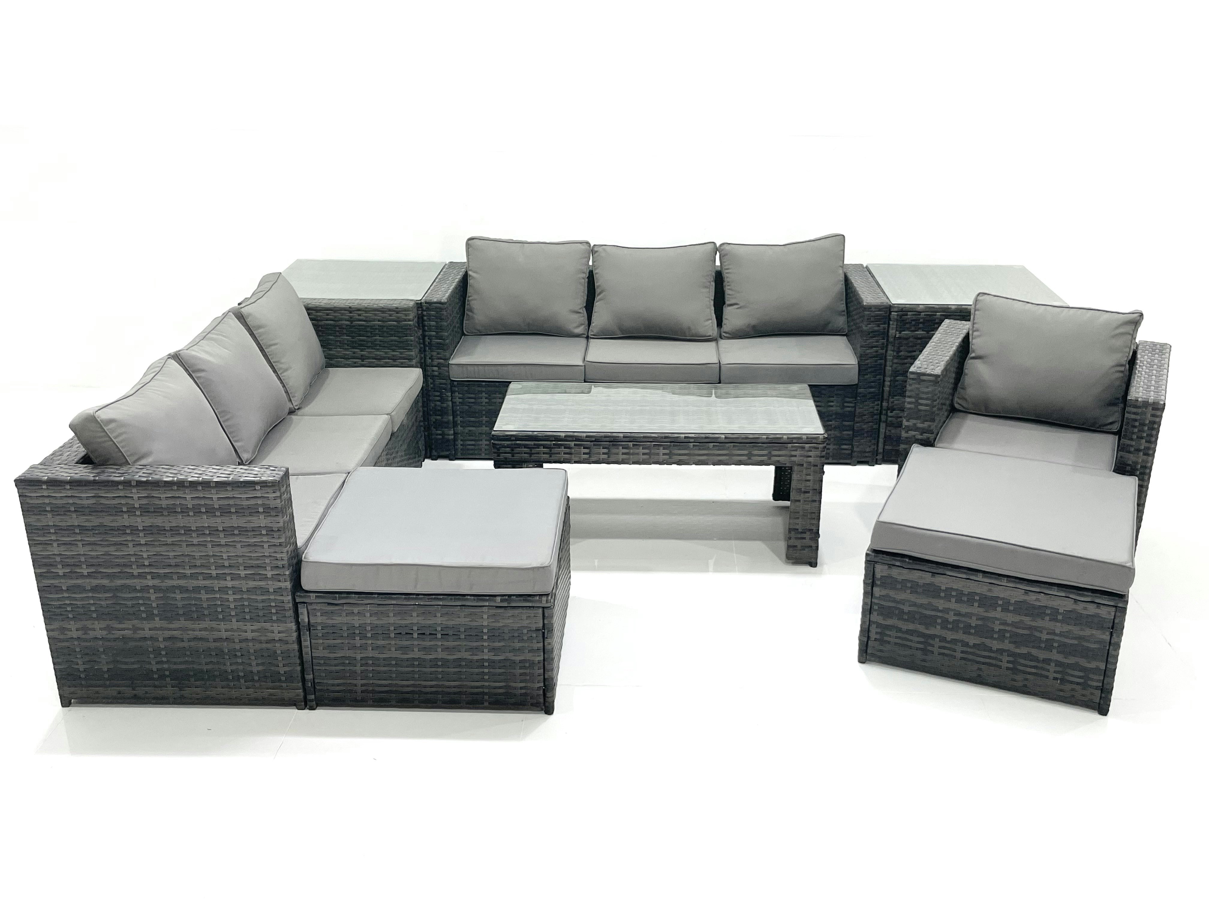 Fimous Dark/Grey 9 Seater Rattan Garden Outdoor Furniture Set With 3 Seater Sofa Coffee Table 2 Big Footstool 2 Side Tables