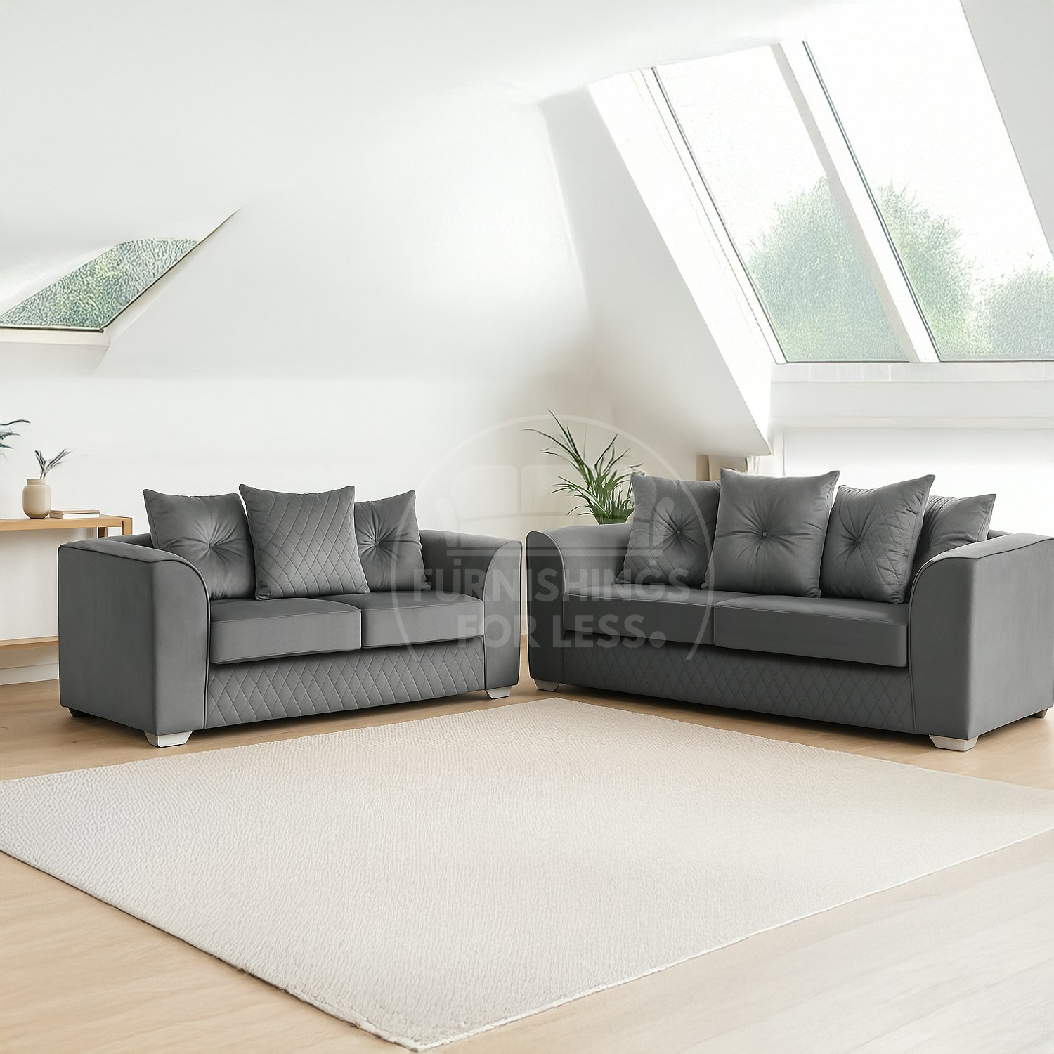 Furnishings For Less Grey Victoria Plush Velvet Sofa Suite