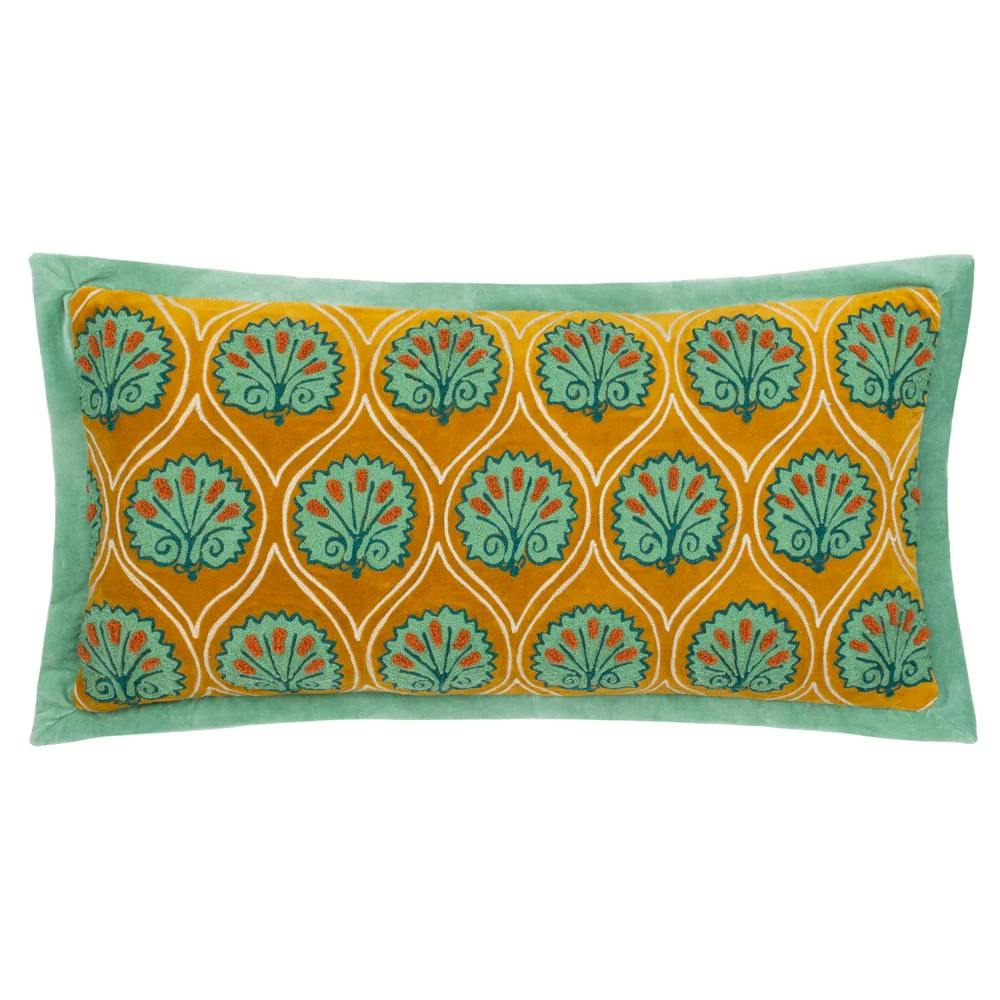 Paoletti Casa Embroidered Cushion Cover - Ochre/Marine - 30Cm X 60Cm - Ochre/Marine - 100% Cotton