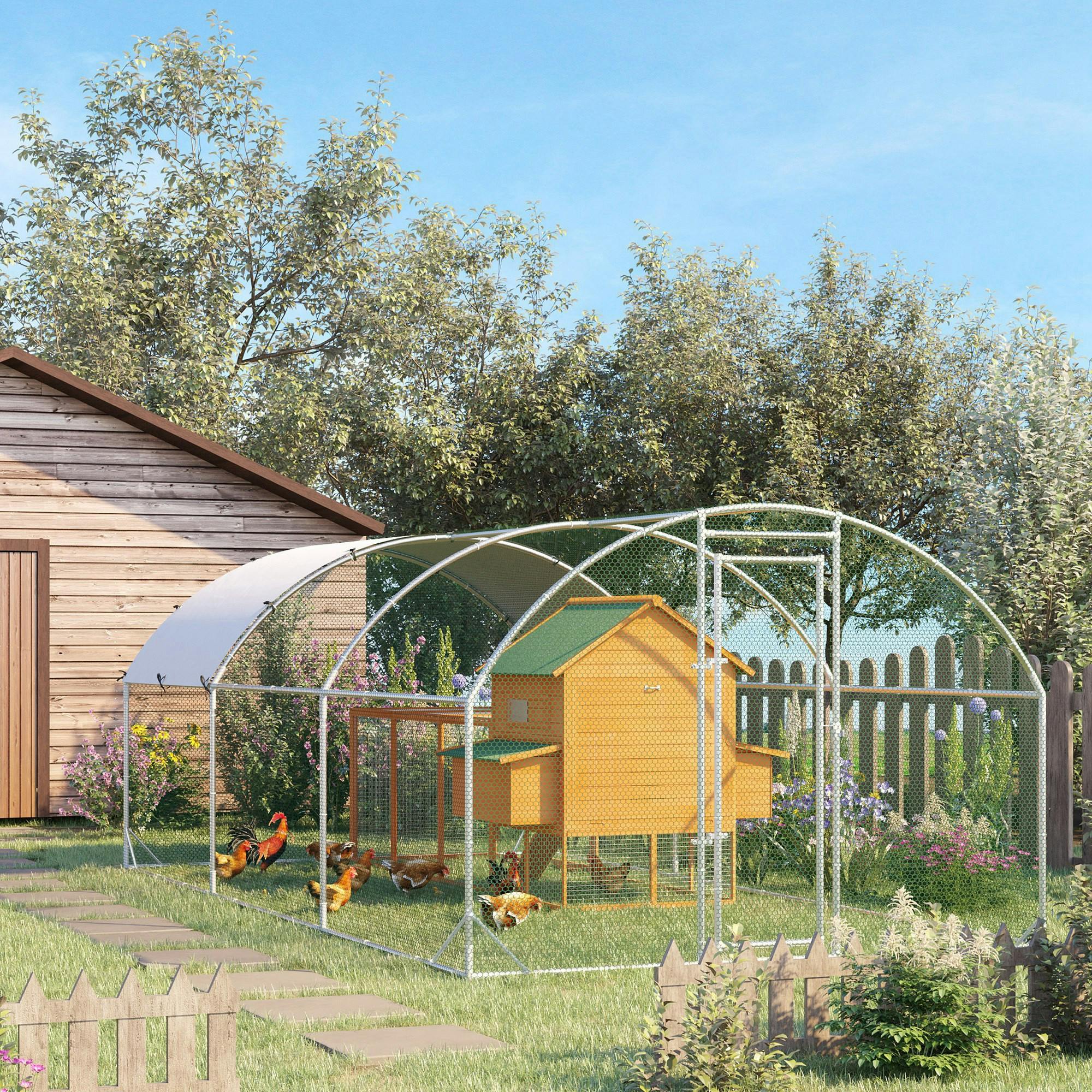 Walk-in Chicken Run Galvanised Coop with Cover Cage Silver - Image 3