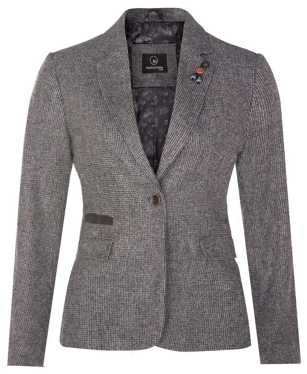 Truclothing Women's Grey Tweed 1920S Herringbone Blazer - Uk S/10 | Eu 36 | Us 6